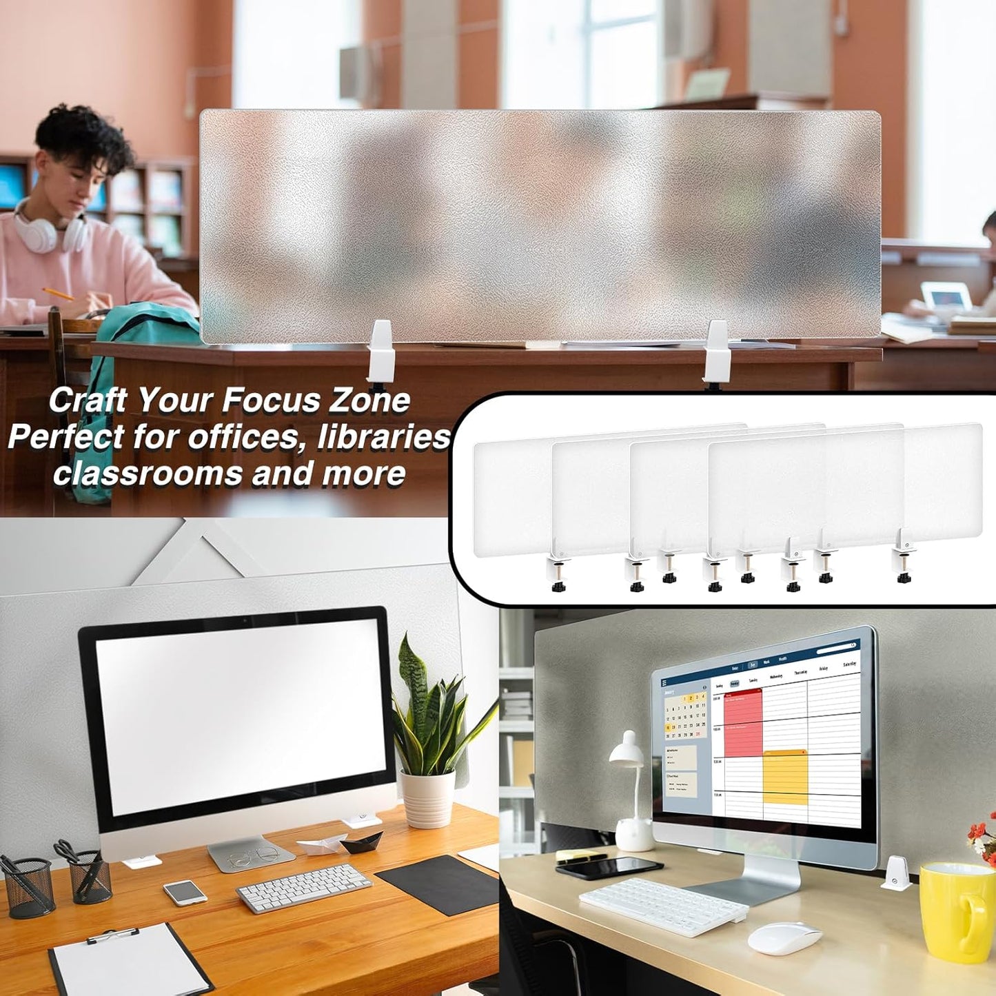 Tatuo 4 Pcs 47.2'' L x 15.8'' W Desk Privacy Panel Frosted Acrylic Office Desk Divider Partition with Adjustable Universal Base for Offices Schools Reception Area Call Centers
