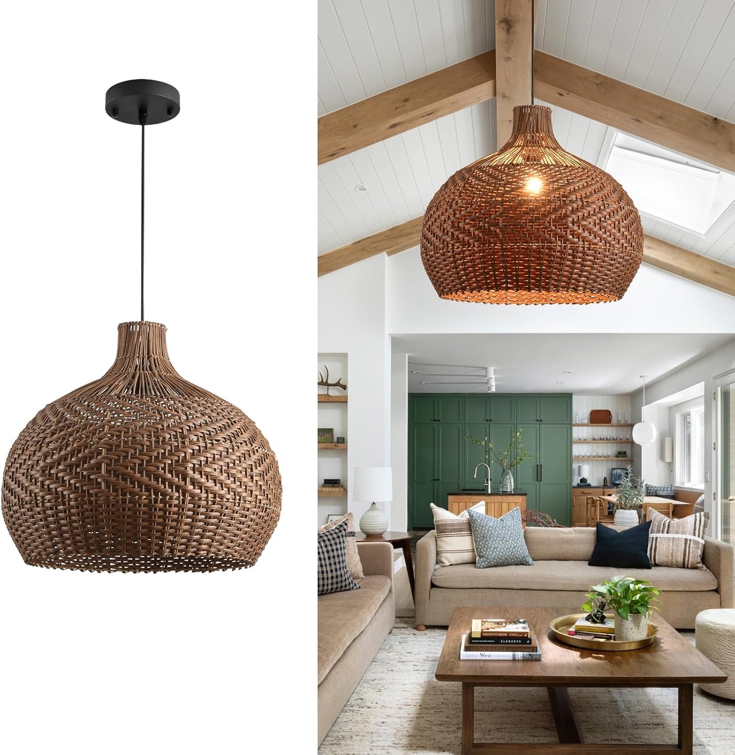 LHJIHFU Rattan Light Fixture Pendant Light, Modern Hand Woven Coffee Rattan Ceiling Hanging Pendant Light for Kitchen Island Dining Room Living Room