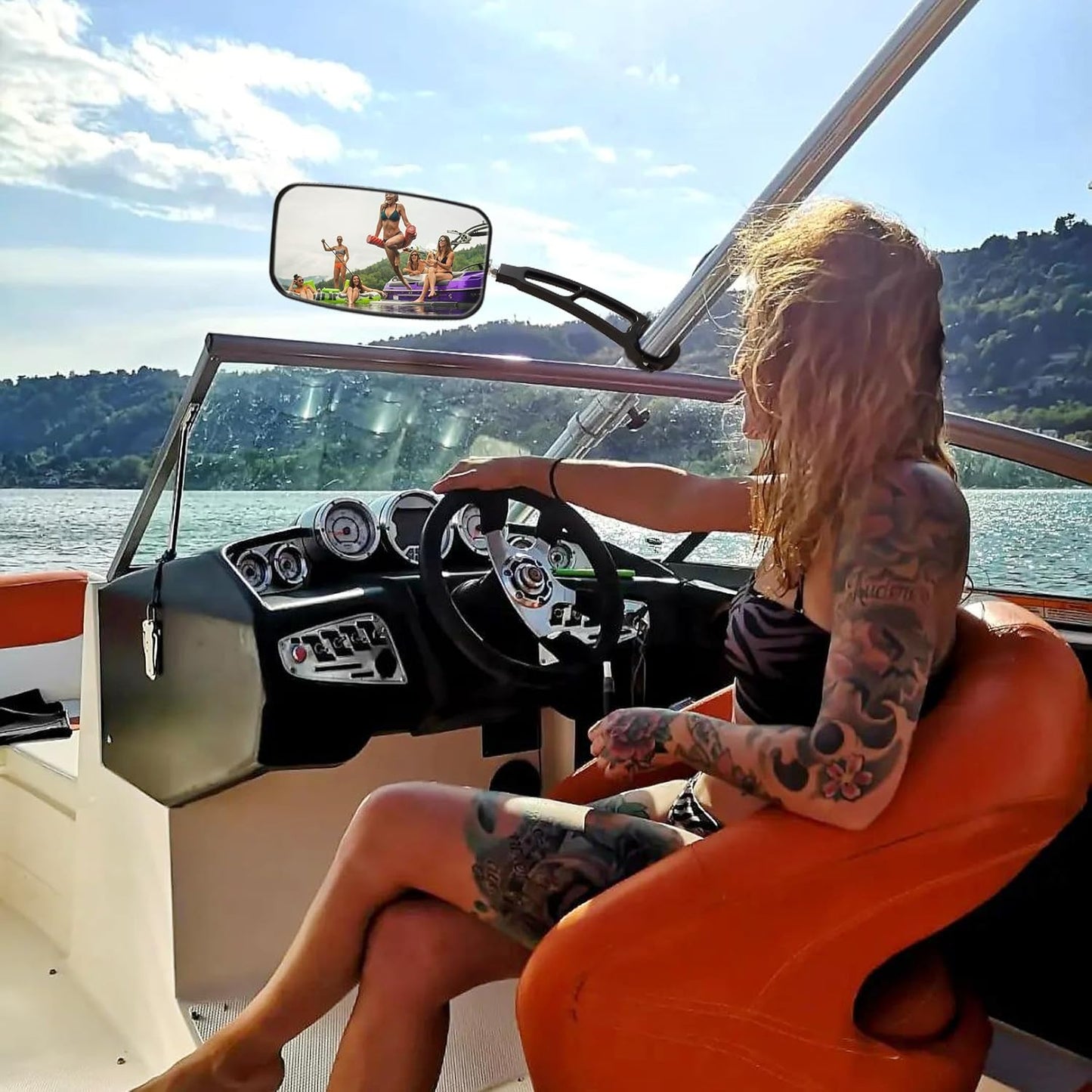 Wakeboard Tower Mirror Black, 7x13" Convex Boat Rear View Mirror, All-Black Stable Mount, 360° Adjustable Ball Joint, Fits Wake Towers up to 2.5", for Wake Surf, Ski Boat & Tubing