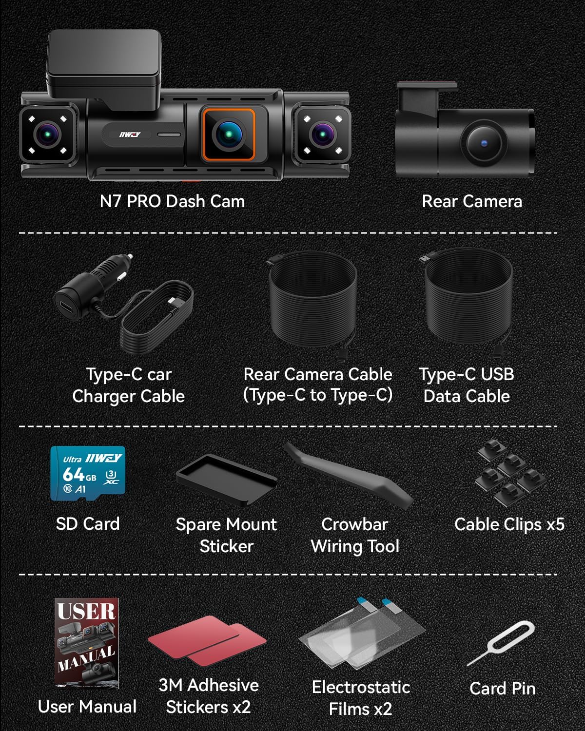 IIWEY N7 PRO 4K STARVIS 4 Channel Dash Cam, 360° View Front Rear and Dual Inside Camera, WiFi 6 & GPS, 8-IR Night Vision, 2160P Dash Camera for Cars, 3.18" IPS, 24/7 Parking Mode, Free 64GB Card