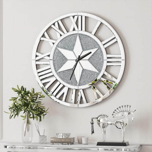 Artloge Round Mirrored Wall Clock: 24 inch Big Decorative Clock with Silver Glass Beveled Bling Crystal Edge Frame, Home Kitchen Modern Art Decor for