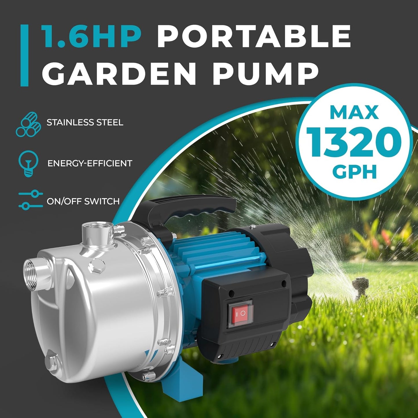 BOMGIE 1.6HP Shallow Well Pump Portable, Garden Pump 1320GPH, Stainless Steel Water Transfer Pump 110V Max. Head 164ft, Sprinkler Booster Pump for