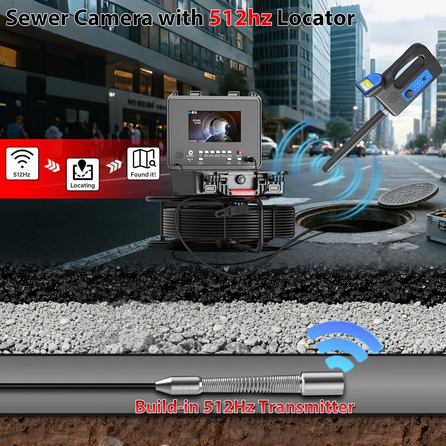 Sewer Camera with 512Hz Locator,7 Inch Pipe Inspection Camera, 50m/165ft Cable, DVR Video Audio, Distance Counter for Self-Leveling Drain Plumbing Snake with 12 Lights for IP68