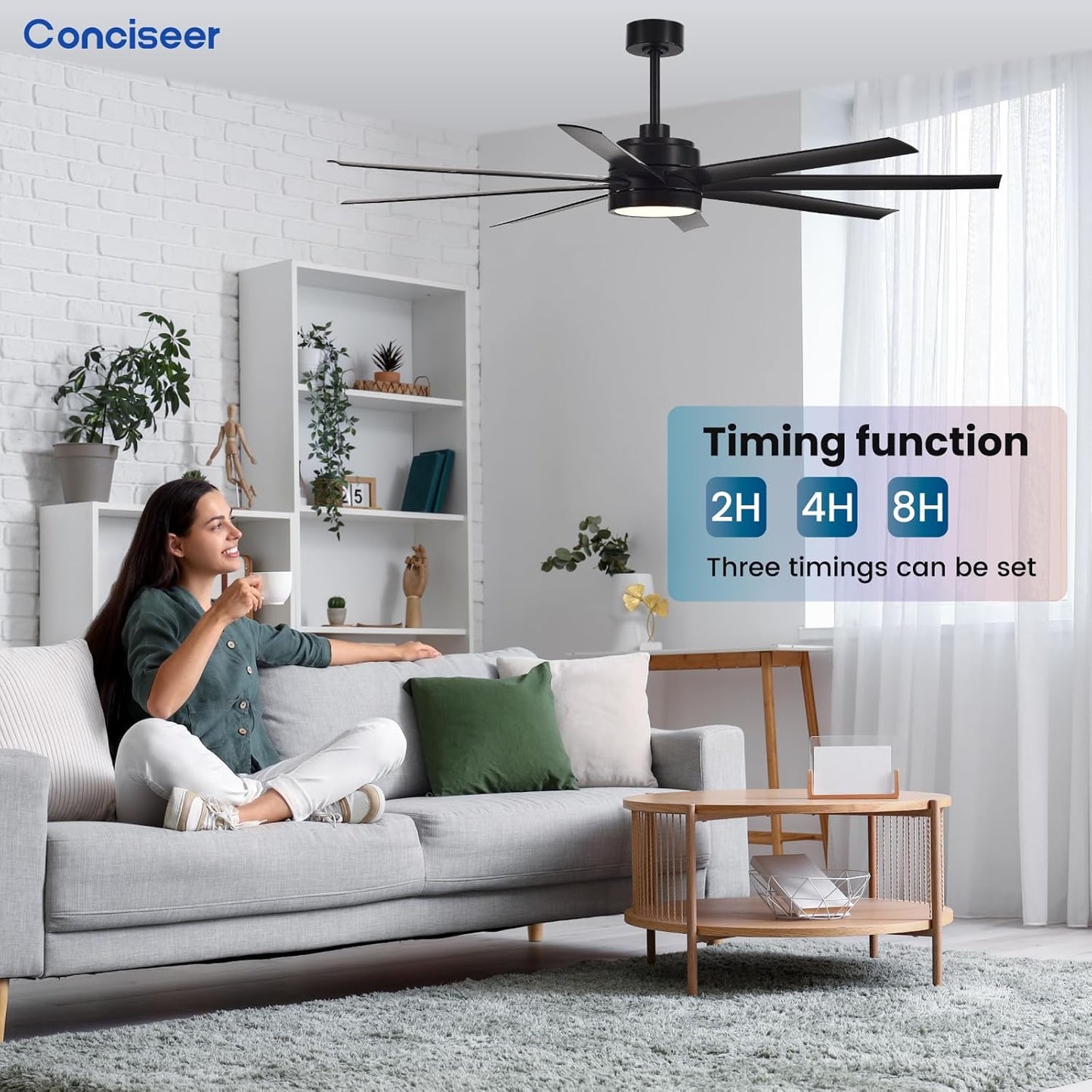 Modern Ceiling Fans with Lights, 72 Inch Ceiling Fans with Remote for Bedroom Living Room Kitchen, 8 Blades 6 Speed Reversible Quiet DC Motor Black