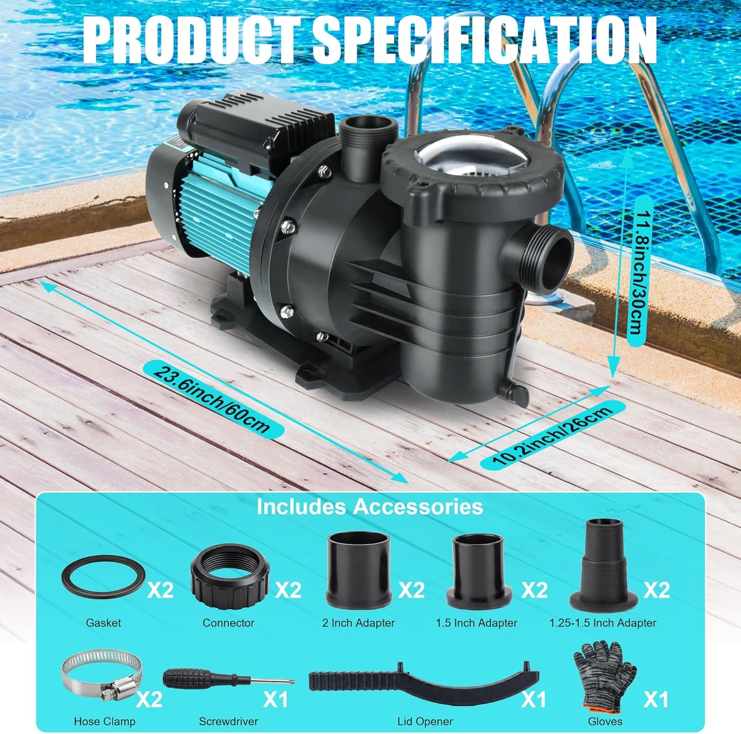 2HP Pool Pump Inground and Above Ground, 6980GPH High Flow Powerful Swimming Pool Pump, 110V Energy Saving with 1.25-1.5'', 1.5'', 2.0'' Unions and Filter Basket 2HP-1