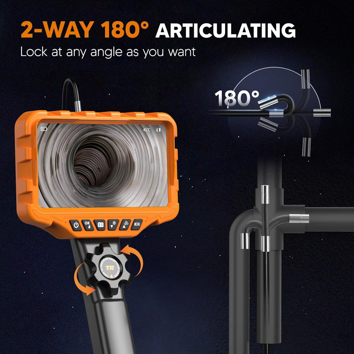 Two-Way Articulating Borescope, 7'; IPS Screen Endoscope Camera with Light, Industrial Inspection Camera with 0.24in IP67 Probe, 5.3FT Flexible