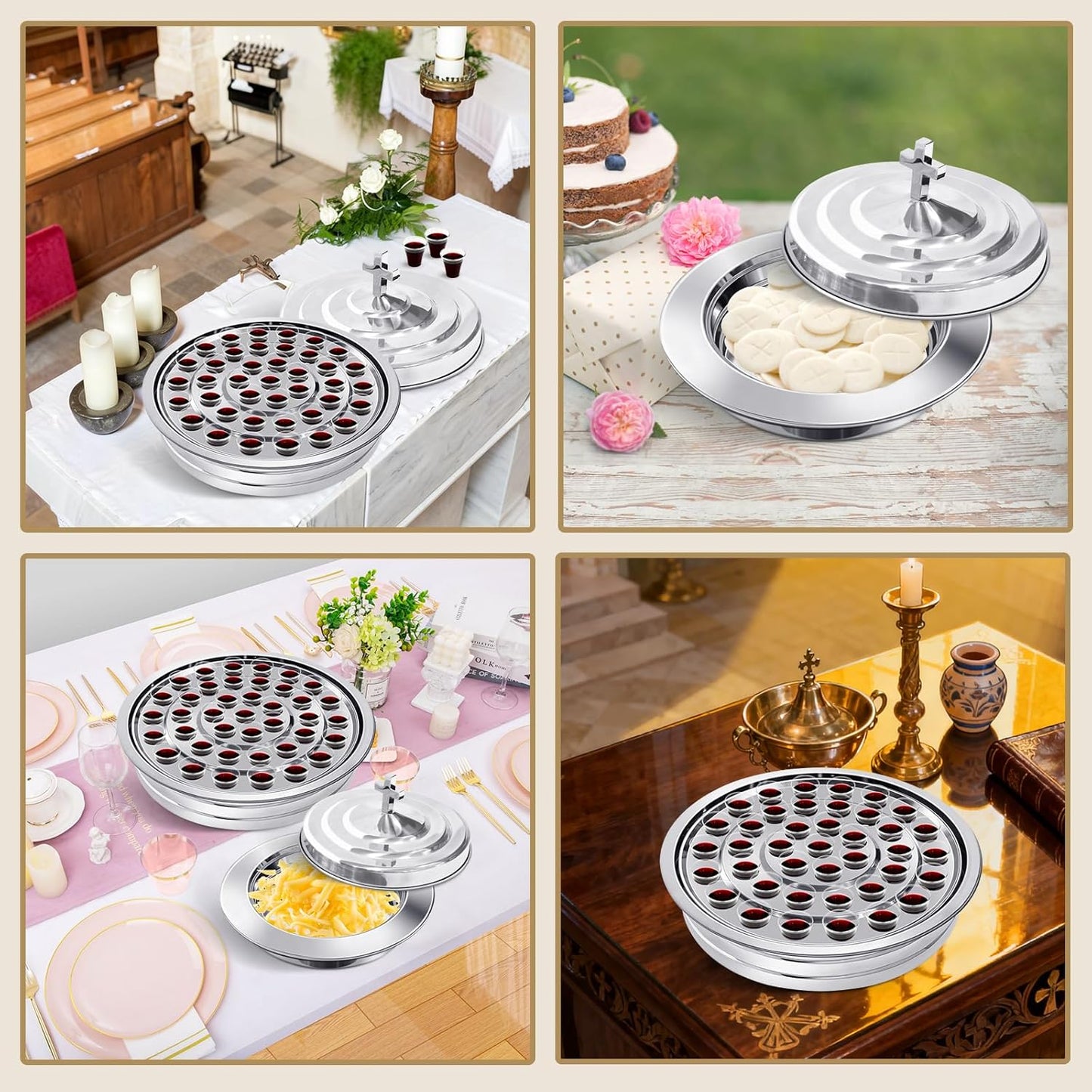 Communion Set Holy Trays,2Pcs Stainless Steel Communion Trays,Dining Set with Squeeze Bottle & Liquid Dispenser, Includes 100 Disposable Cups,for Church Service