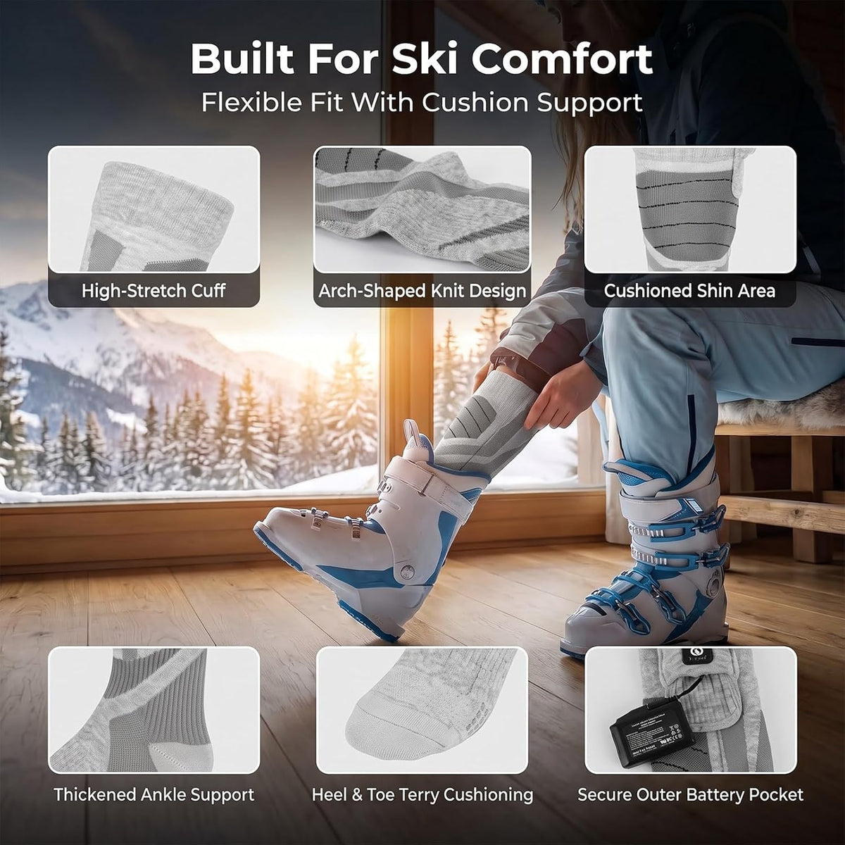 SUN WILL Heated Socks for Men Women, 3 Heat Settings, USB Rechargeable grey Large
