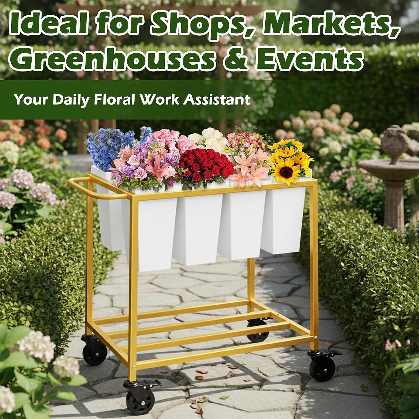 Flower Display Stand, Flower Cart with 8 Buckets,Flower Cart Display Stand with Wheels,Bloom Bar,Flowers Stand for Wedding ,Party and Home Decor, Gold