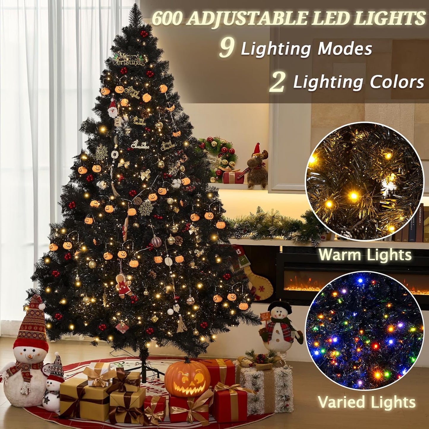 7.5FT Black Artificial Christmas Tree Prelit with 1600 PVC Branch Tips, 600 Lights & 9 Modes, Seasonal Holiday Party Decorations with Sturdy Metal