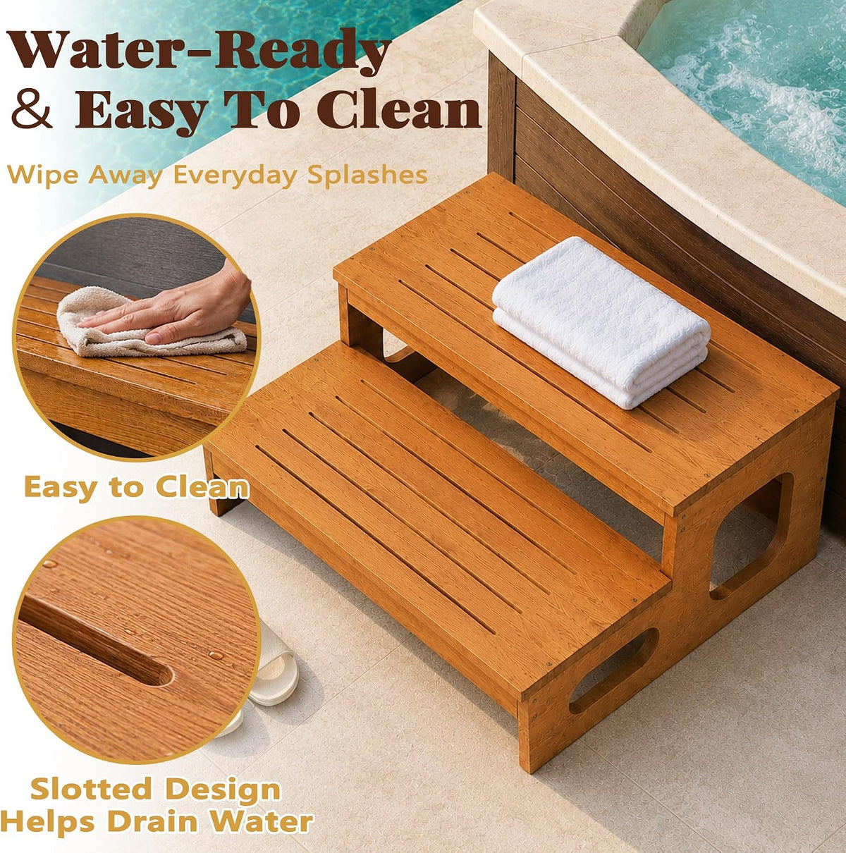 Wood Hot Tub Steps, Waterproof & Non-Slip Outdoor Spa, Pool Stairs Straight:24.7"x13.2" Oak