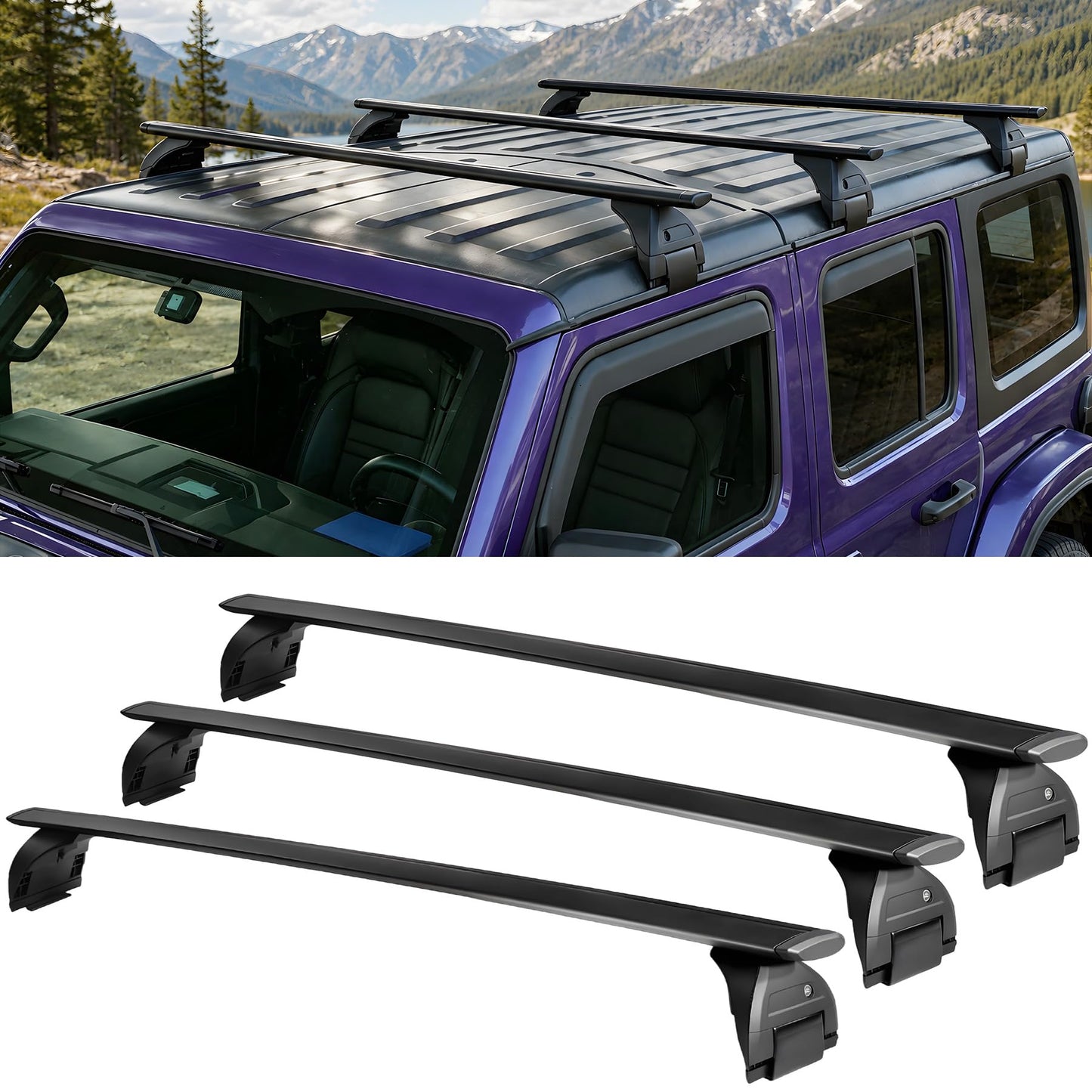 3PCS Roof Rack Cross Bars Fit for Jeep Wrangler JK JL Gladiator JT 2007-2026 Hard Top, 350lbs Lockable CrossBars Cargo Carrier, Rooftop Accessories for Tent Bike Kayak Skis