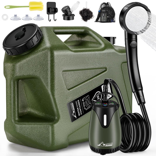 2026 Portable Shower for Camping with 5-Gallon Water Jug, Rechargeable Camping Shower, Food Grade Material Water Containers for Fruit & Vegetables Wash, Integrate Design for Outdoors, Hiking