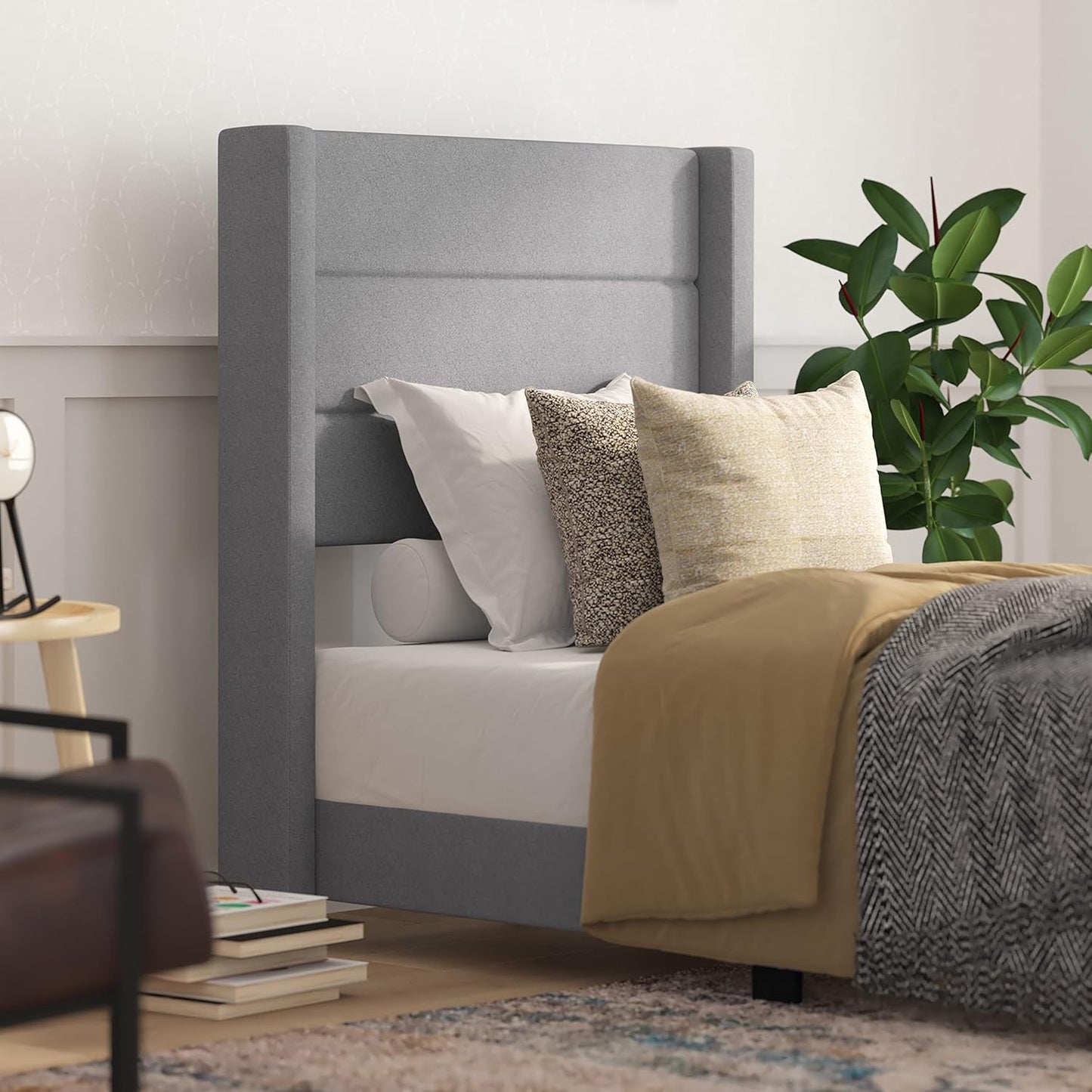 Taylor & Logan Hilton Gray Faux Linen Upholstered Platform Bed with Wingback Headboard, Slatted Support System - Twin (Grey, Twin)