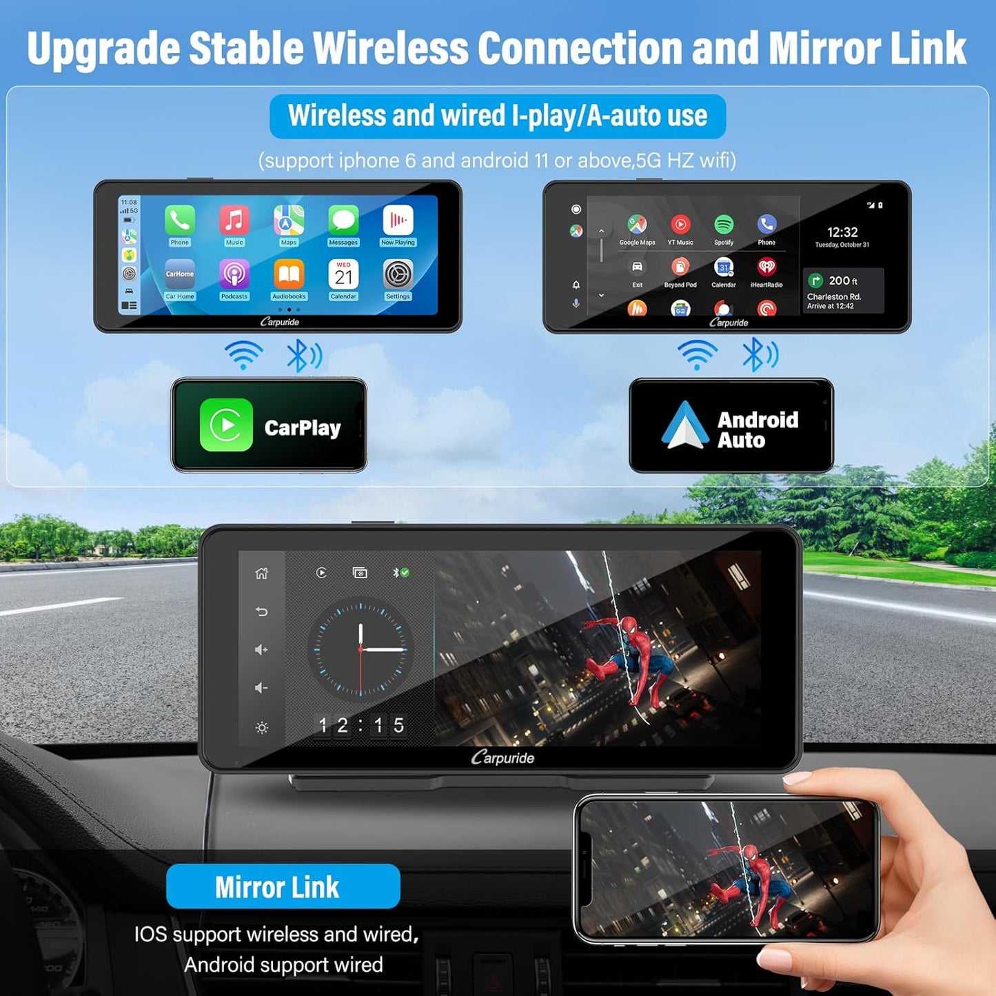 Carpuride W609 Portable Apple Carplay Wireless Car Stereo with Light Sensing - HD 6.86Inch IPS Touch Screen Car Radio Receiver with Android Auto,