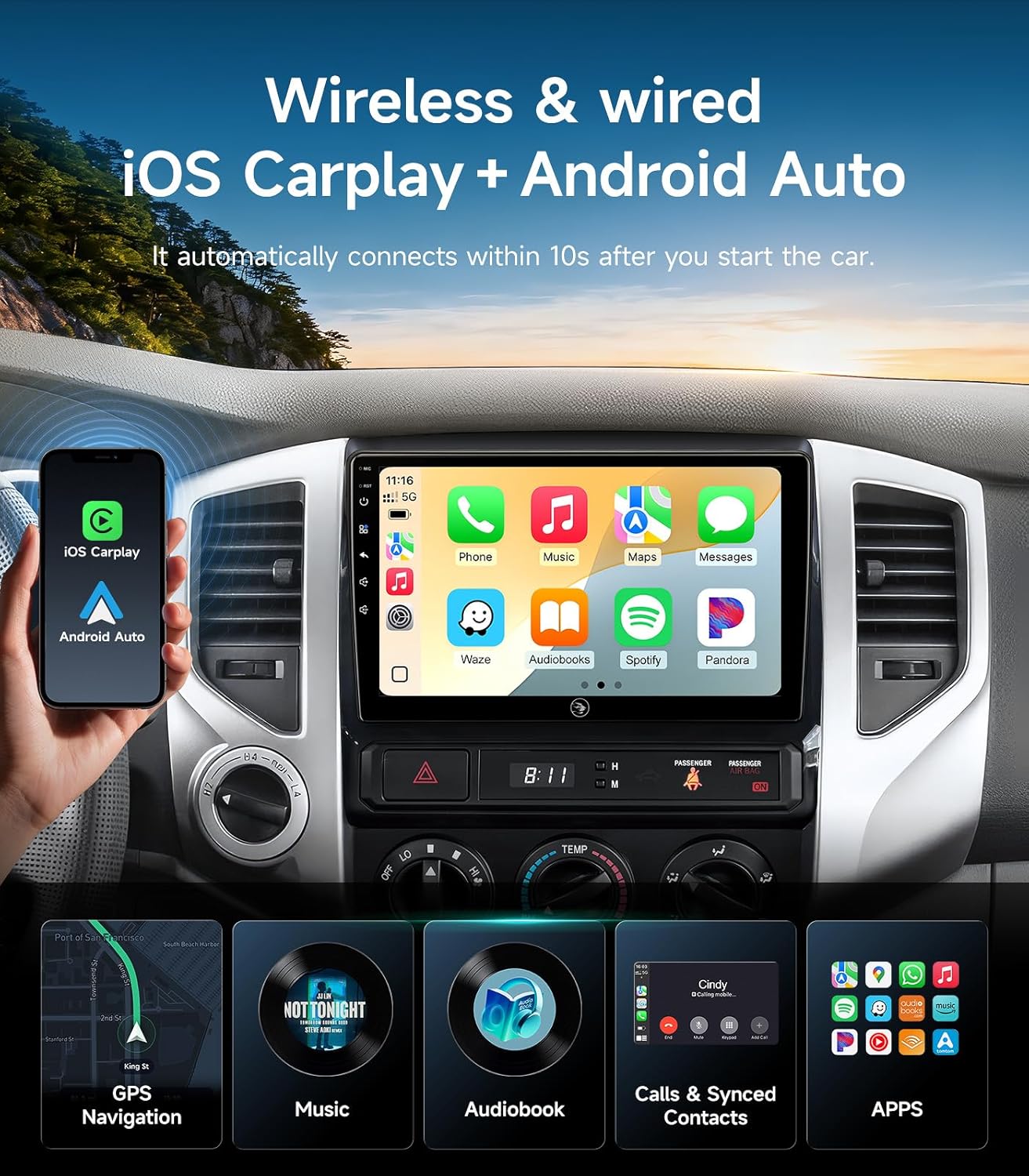 9 Inch Car Stereo Radio for Toyota Tacoma 2005-2015, Wireless CarPlay & Android Auto, 5G WiFi GPS Navigation, IPS HD Touch Screen, Bluetooth FM Radio SWC, Plug and Play, with 1080P Backup Camera