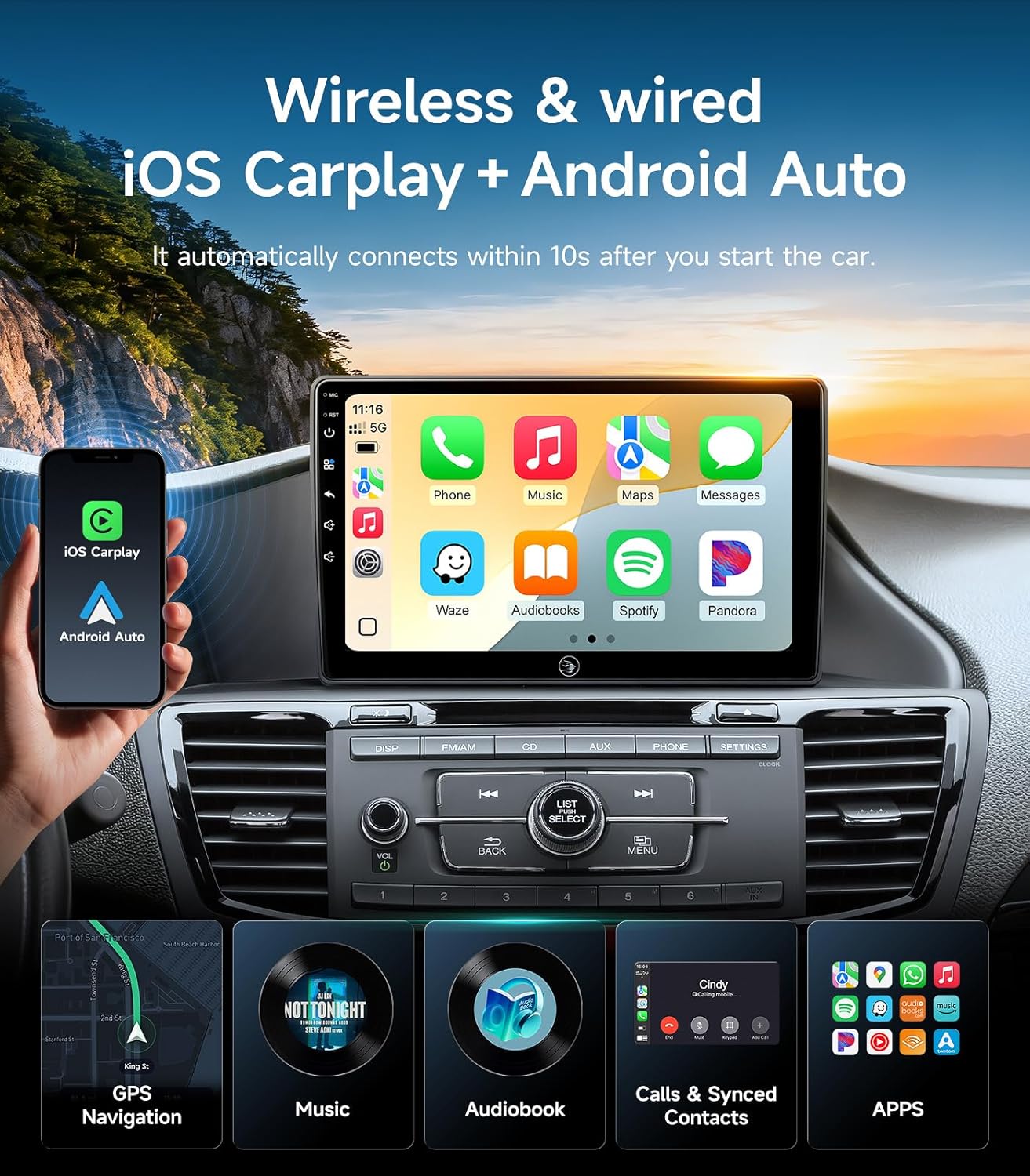 Car Radio Stereo for Honda Accord 2013 2014 2015 2016 2017 10.2 Inch IPS HD Touch Screen Wireless CarPlay Android Auto, GPS FM/SWC Bluetooth Steering Wheel Control