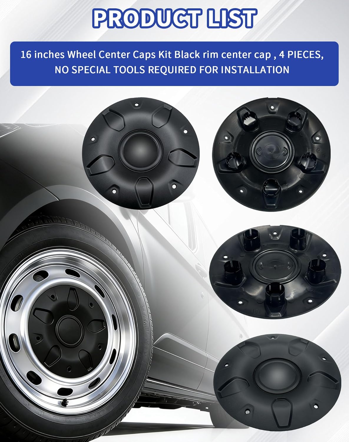 CK4Z-1130-C CK4Z1130C 16" Wheel Black Center Caps Fit for Ford Transit 150 250 350 350HD 2015-2026 Hubcaps Hub Caps Kit 4Pcs OE BK21-1130-CA BK211130CA ‎