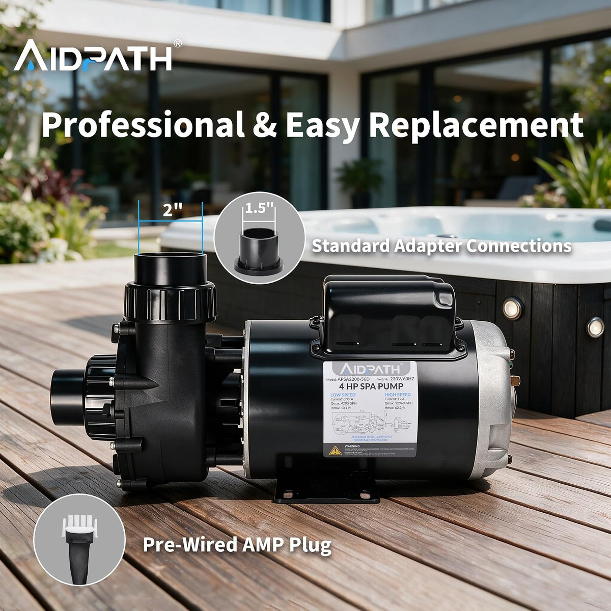 56 Frame 230V, 4HP Dual Speed Hot Tub Spa Pump with 2"&1.5" Adapter