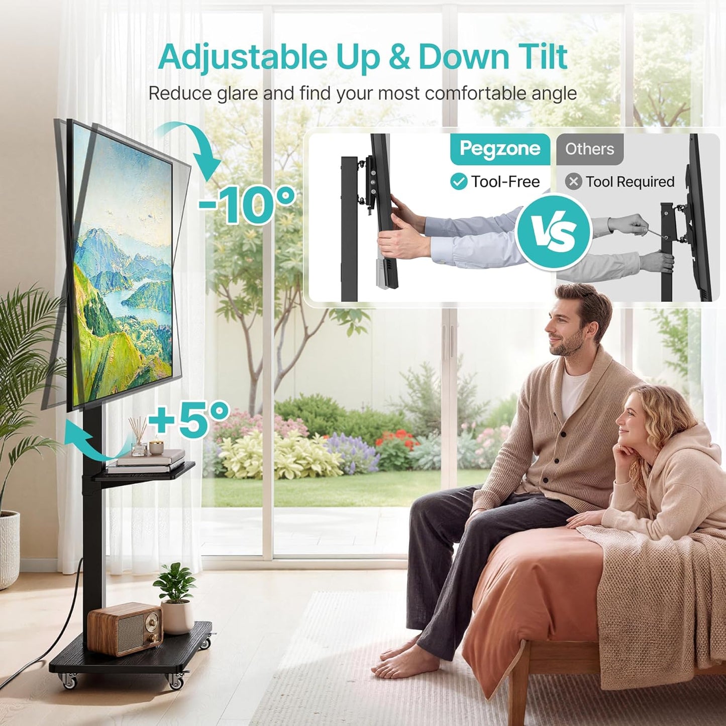 Rolling TV Stand with Power Outlet for 32-75 Inch TVs up to 110 lbs, Mobile TV Stand on Metal Wheels, Tilt & Swivel Portable TV Cart with Mount, Height Adjustable TV Cart with Wire Management