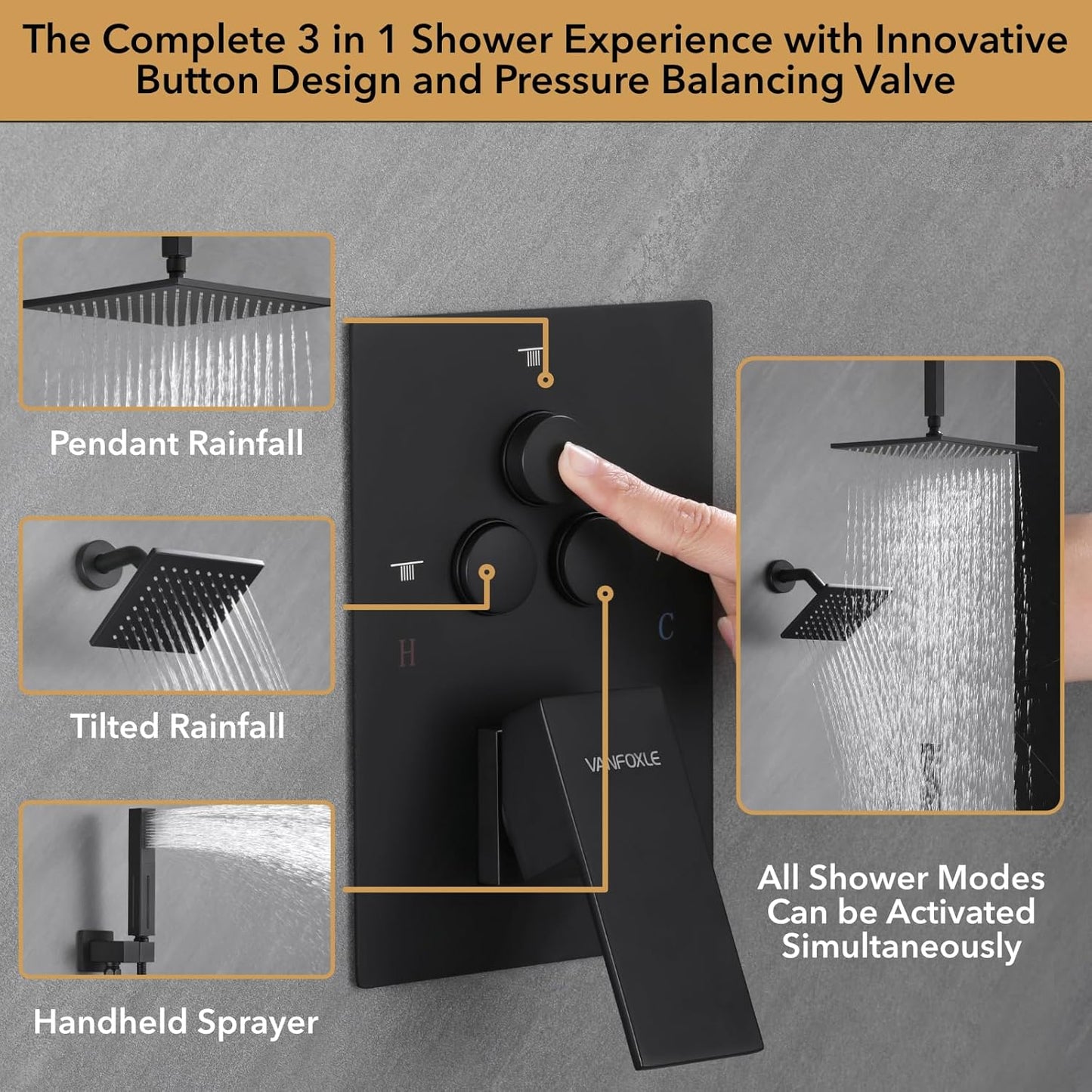 Matte Black Shower Faucet Set, Push Button Diverter Shower Faucet with 2 in 1 Handheld,Ceiling Mount 10 Inch Shower Head