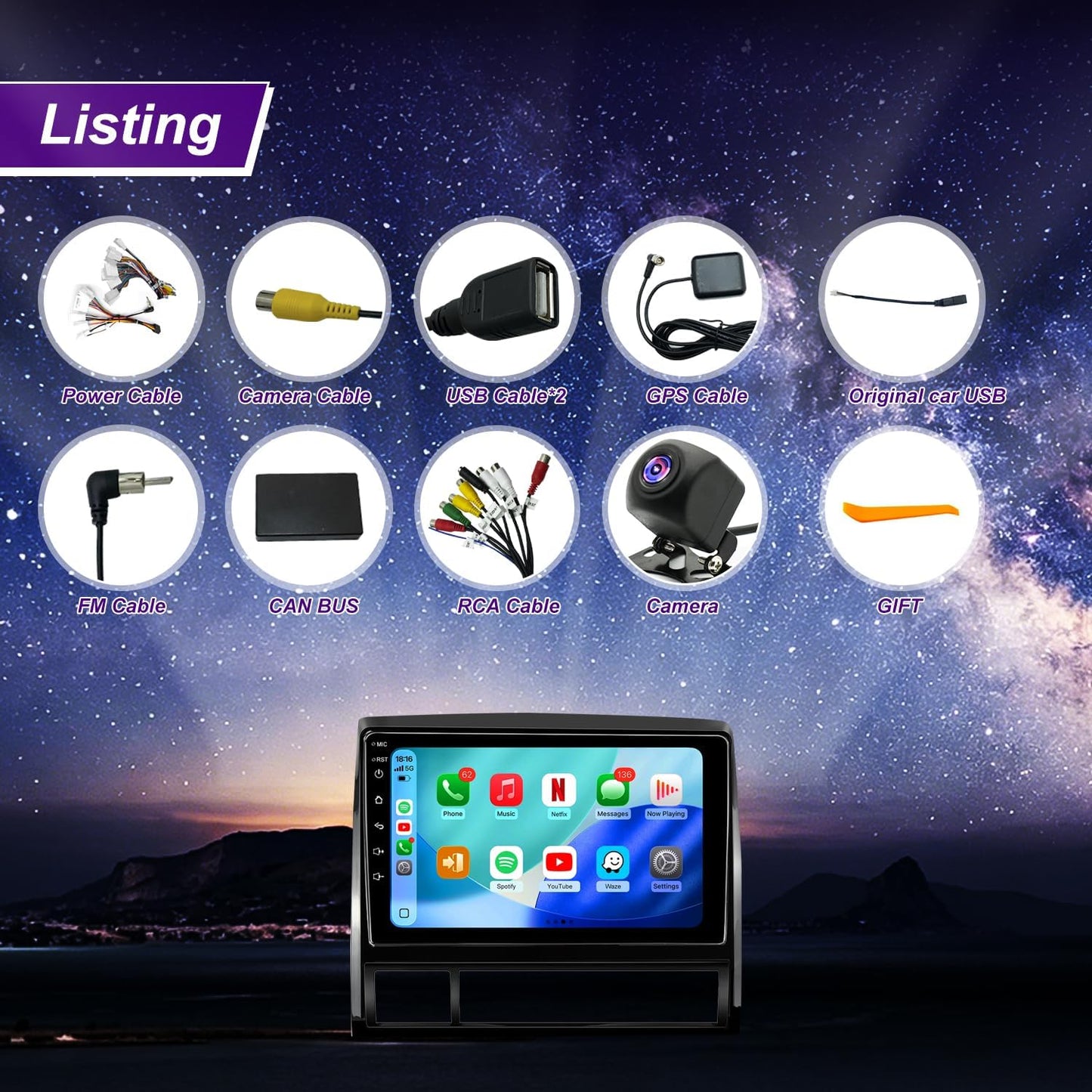 5GWiFi Android 15 Upgrade Car Radio for Toyota Tacoma radio 2005-2015 9inch Touch Screen Car Stereo Replacement Head Unit Apple Wireless Carplay Android Auto GPS Navigation FM Bluetooth DSP SWC Camera
