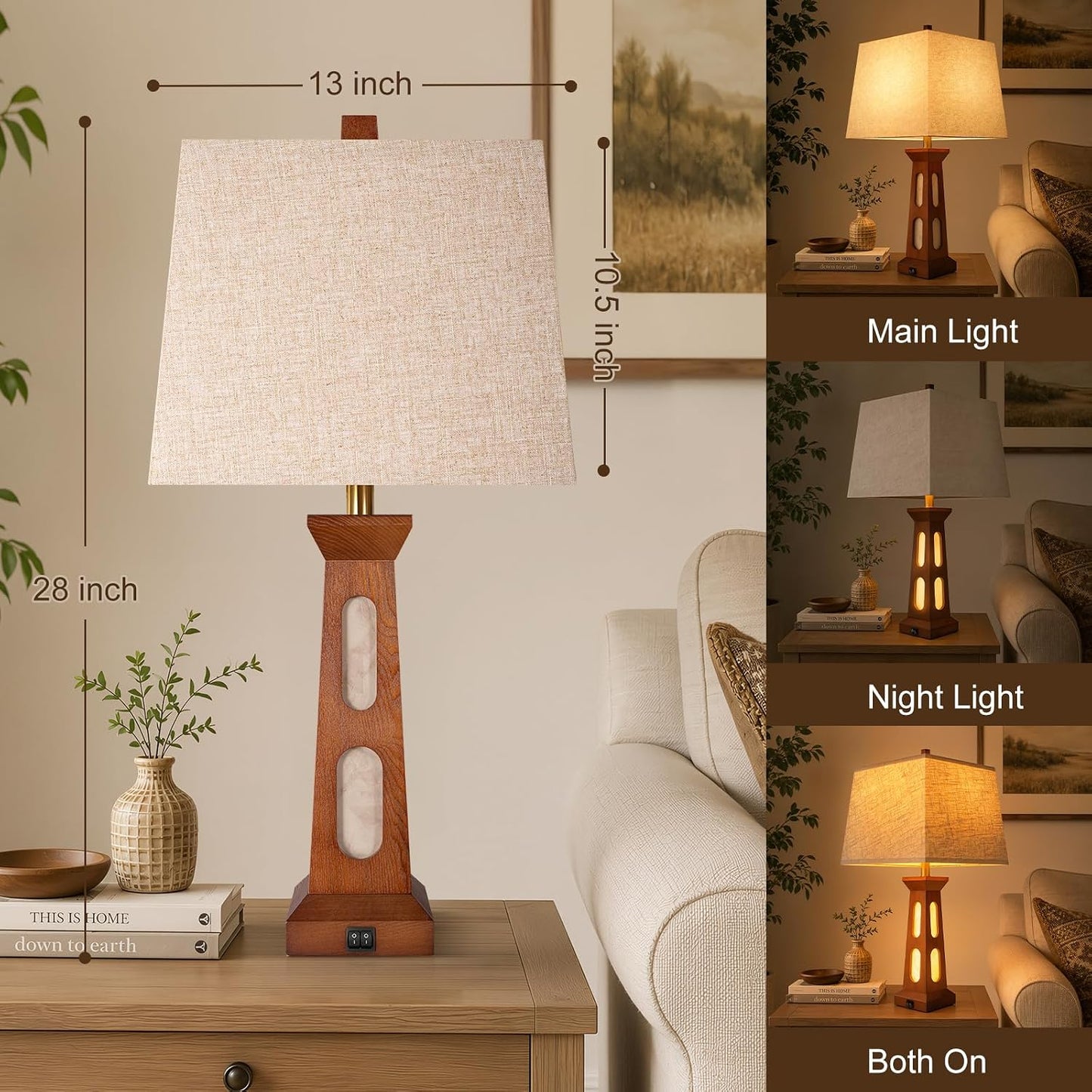 Scenekoy 28" Wooden Traditional Table Lamps Set of 2 for Living Room Office | Night Light, Square Linen Shade, USB C+A Charging Ports, LED Bulb Included, Bedside Lamp, Bedroom Table Lamp, Nightstand