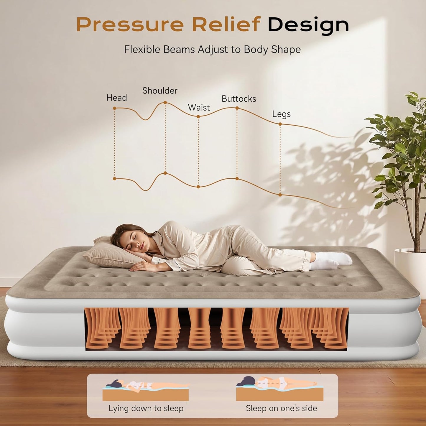 Air Mattress Twin with Built-in Pump 13", Comfortable Self-Inflating Blow up Mattress, Tan