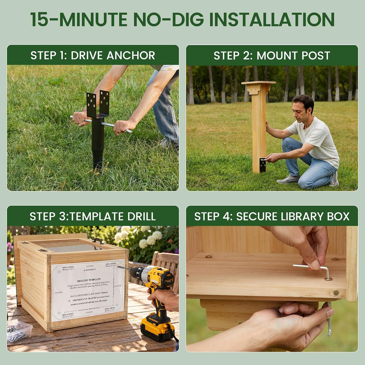 Little Library Mount Kit, No-Dig 4x4 Ground Anchor & Waterproof Wood Post