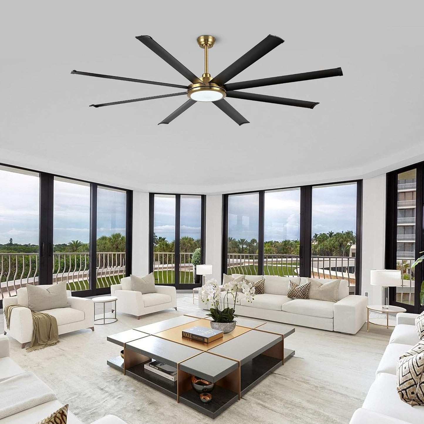 80' Ceiling Fan with Lights and Remote, Brass and Black Ceiling Fan with 3 Downrod, 8 Aluminum Blades, 6-Speed Reversible DC Motor, Industrial Larg