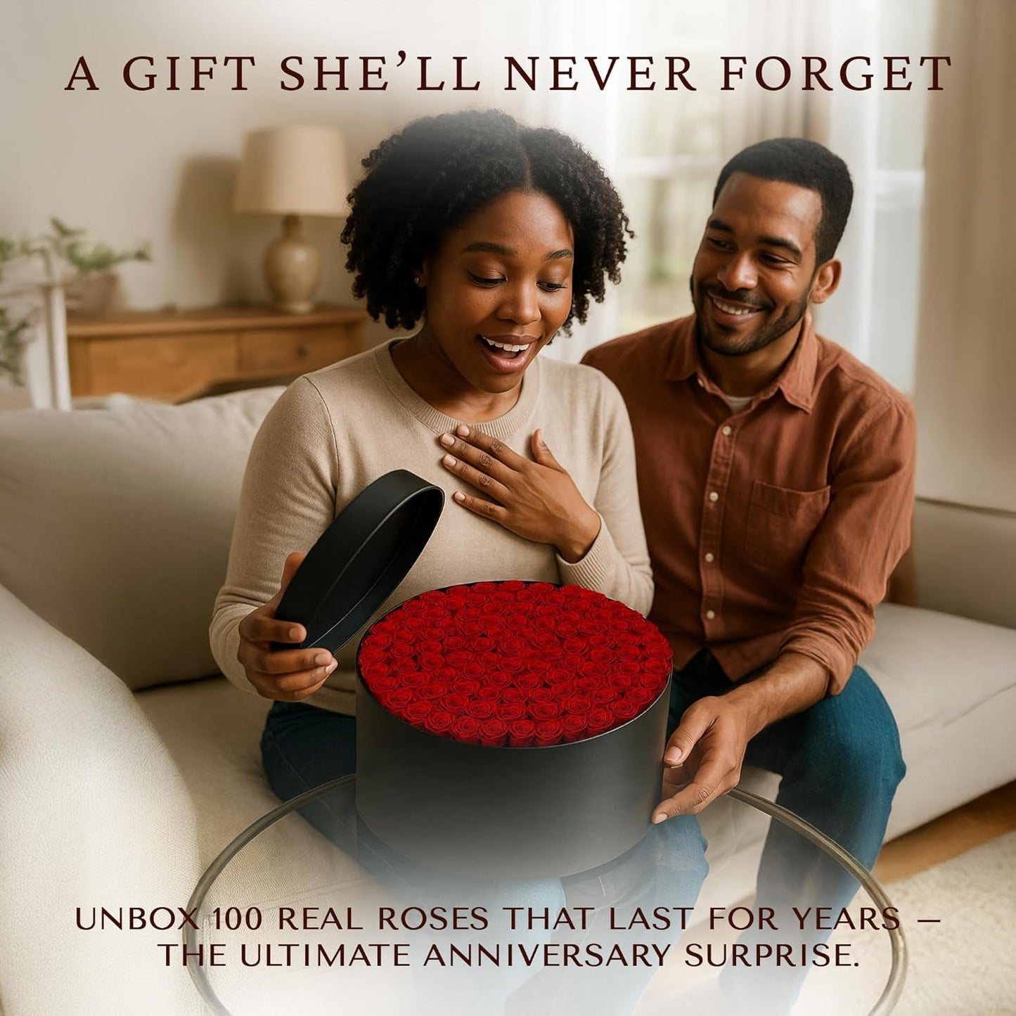 100 Preserved Roses in Designer Round Box, Real Forever Roses, Long-Lasting 1+ Year, No Watering, Luxury Home Décor Arrangement, Valentine’s Day Gift for Wife or Girlfriend Red 100 Roses