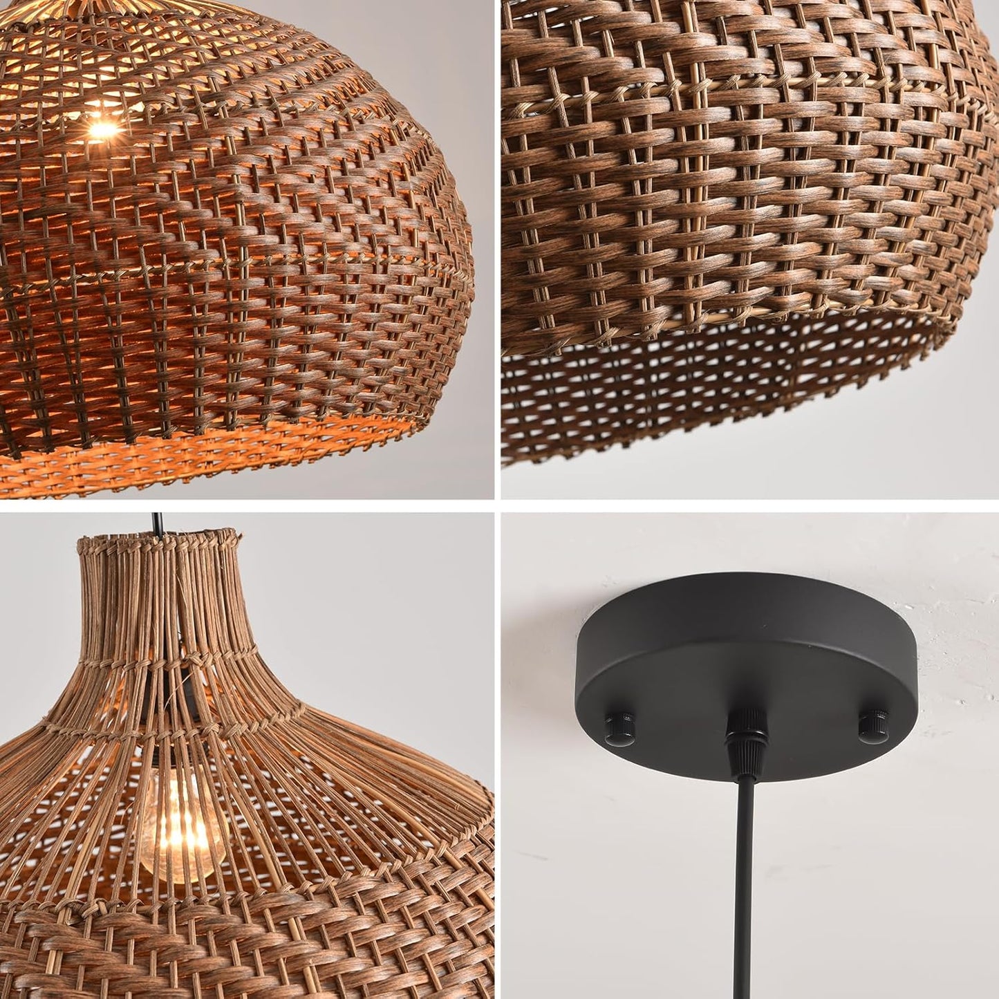 LHJIHFU Rattan Light Fixture Pendant Light, Modern Hand Woven Coffee Rattan Ceiling Hanging Pendant Light for Kitchen Island Dining Room Living Room