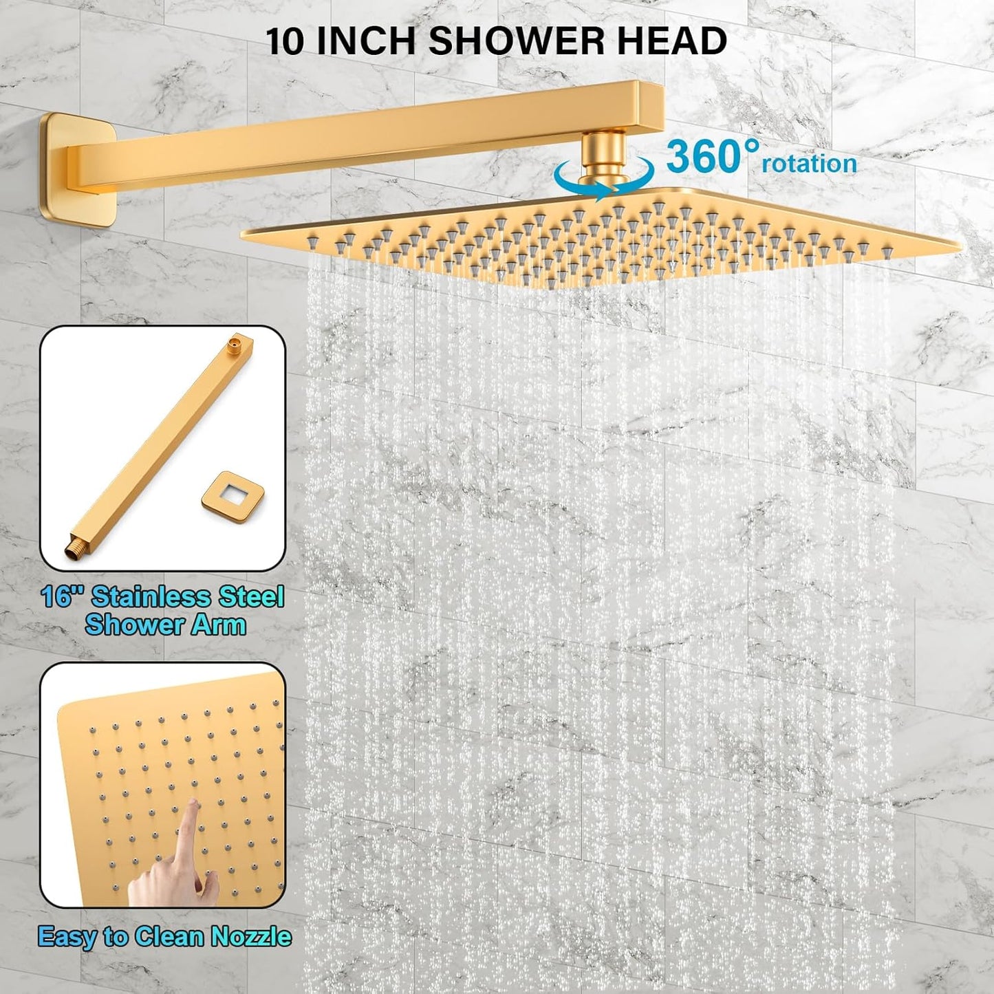 FPXRNG Gold Shower Faucet Set, Rainfall Shower System with Rain Shower Head and Handle Set, Wall Mounted Shower Fixtures, Full Metal Trim Repair Kit