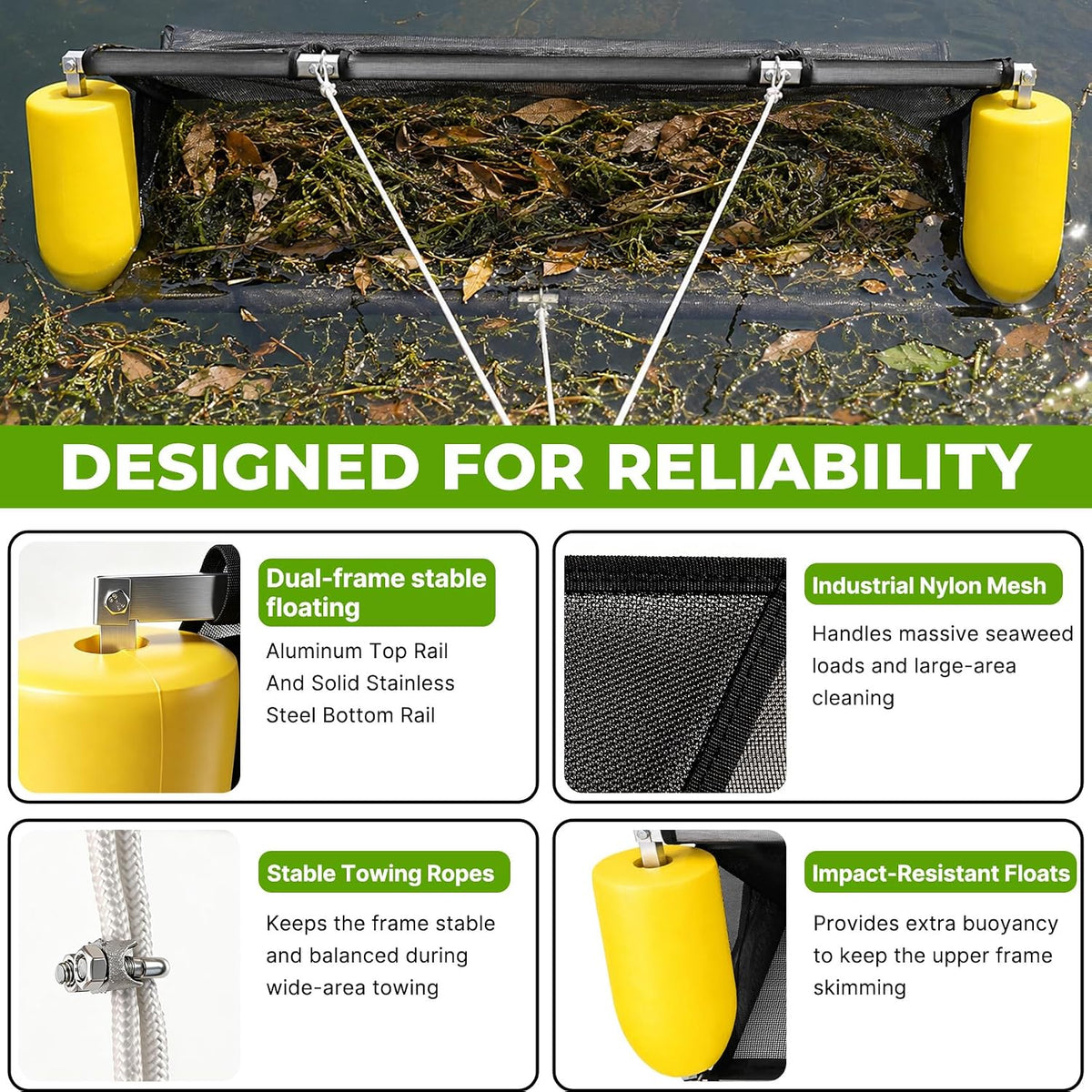 55" Wide lake floating debris collector for Lakes & Ponds, with Spare Net