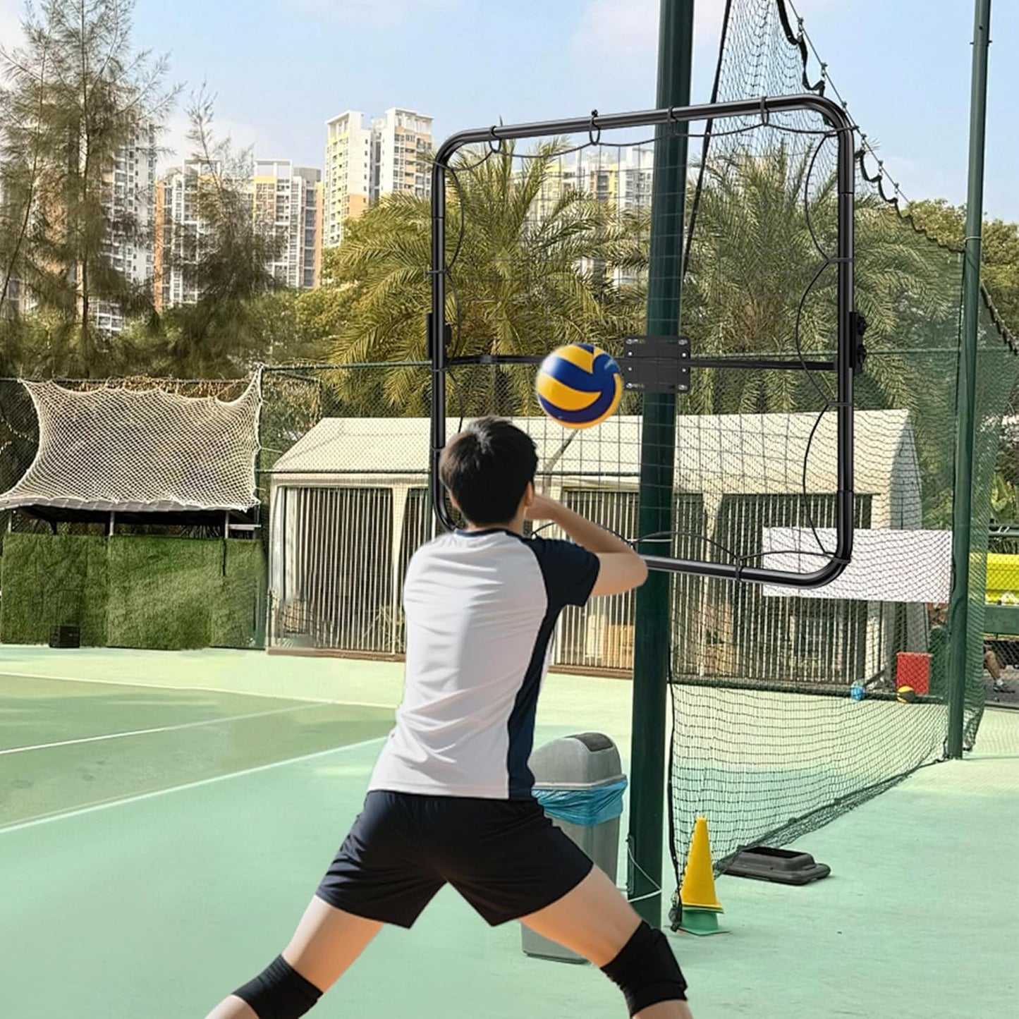 MR Basketball Rebounder 40”x40”, Adjustable Passback Net, Multi-Sport Training Rebound Net, Ball Return System Set up on 2''~6'' Pole for Basketball, Volleyball, Tennis, Pickleball, Baseball Practice
