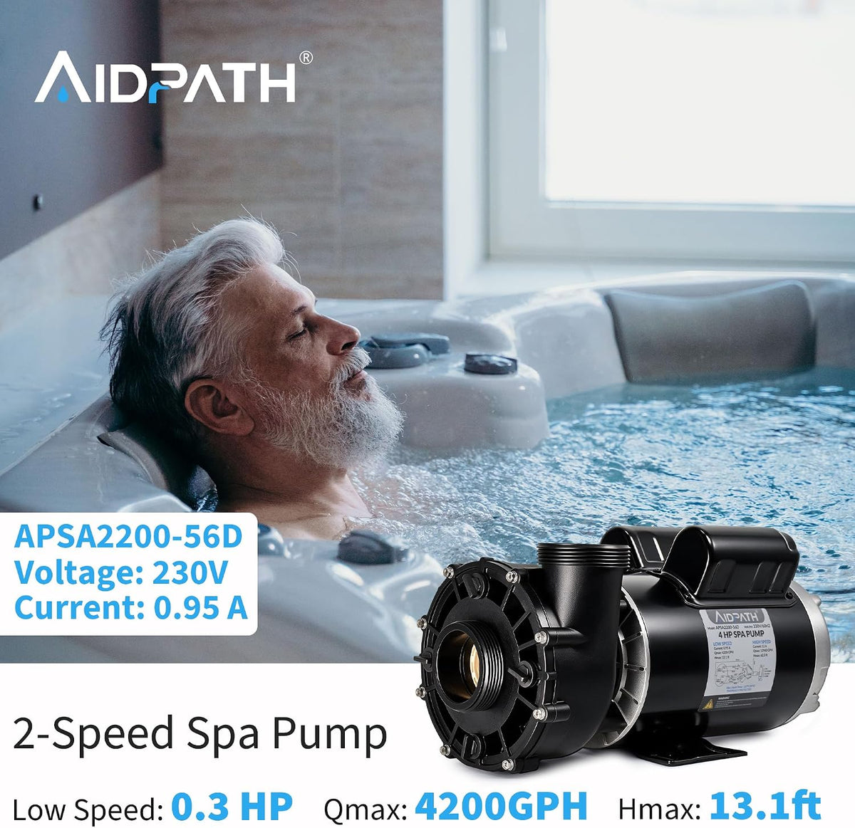 56 Frame 230V, 4HP Dual Speed Hot Tub Spa Pump with 2"&1.5" Adapter
