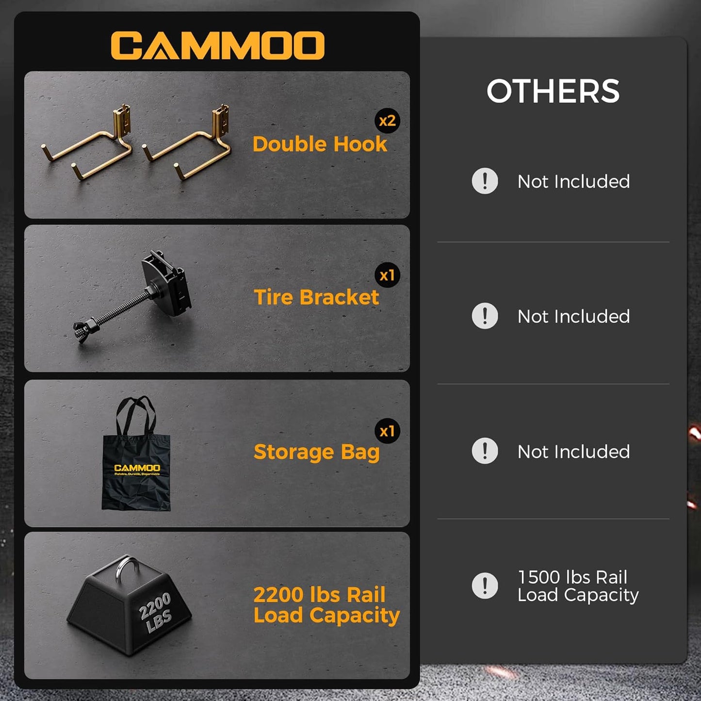 CAMMOO 5FT E-Track Rail Kit, Includes 8 Rails, 2 Double Hooks & 1 Tire Bracket, 8 O-Rings, 8 D-Rings with Tie Down, 1 Storage Bag, 2200lbs Load Capacity for Trailers, Trucks, Vans, Garage, Silver