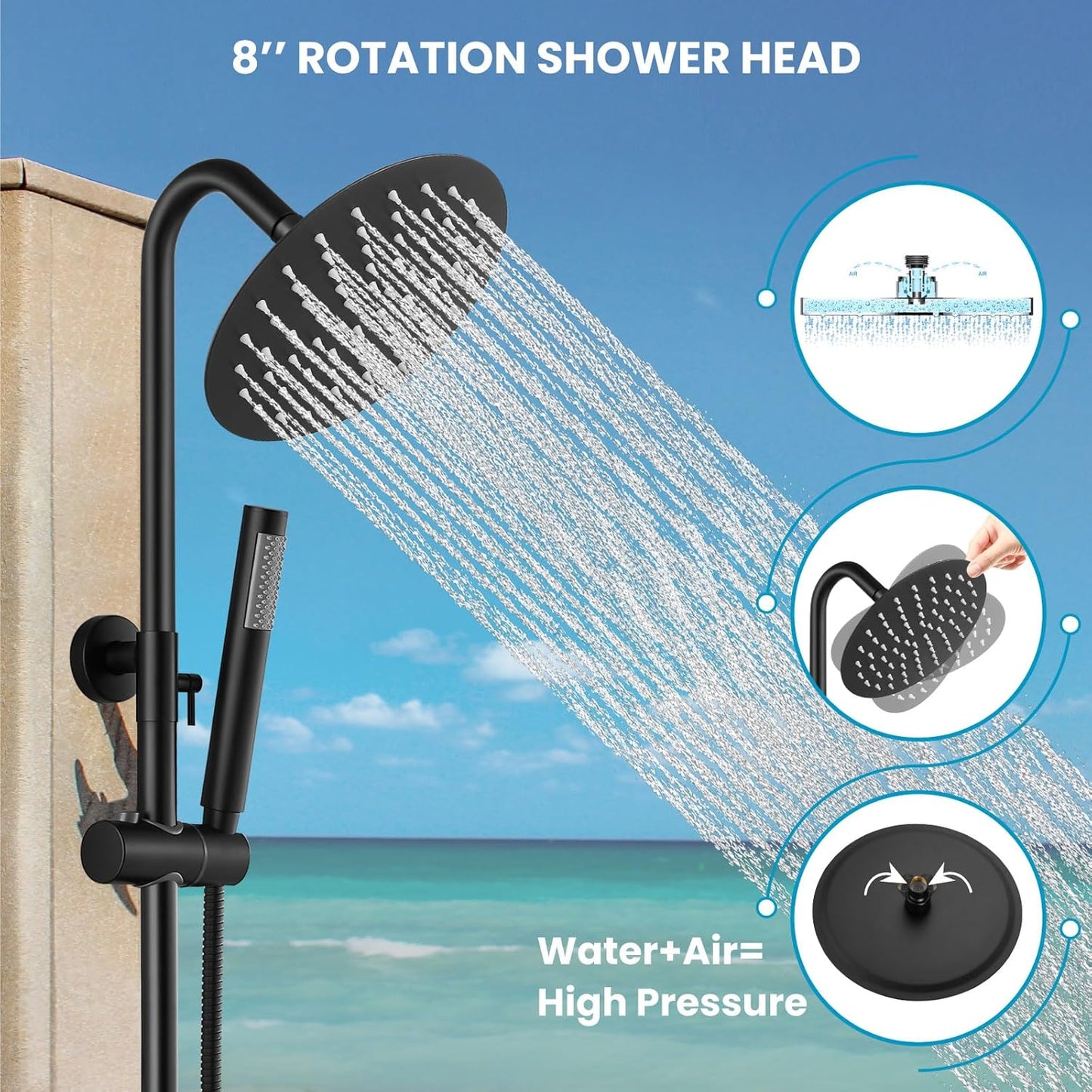 SUS304 Outdoor Shower Fixture High Pressure Shower System Wall Mount 2 Dual Function Single Handle Shower Kit with 8 Inch Shower Head and Ha