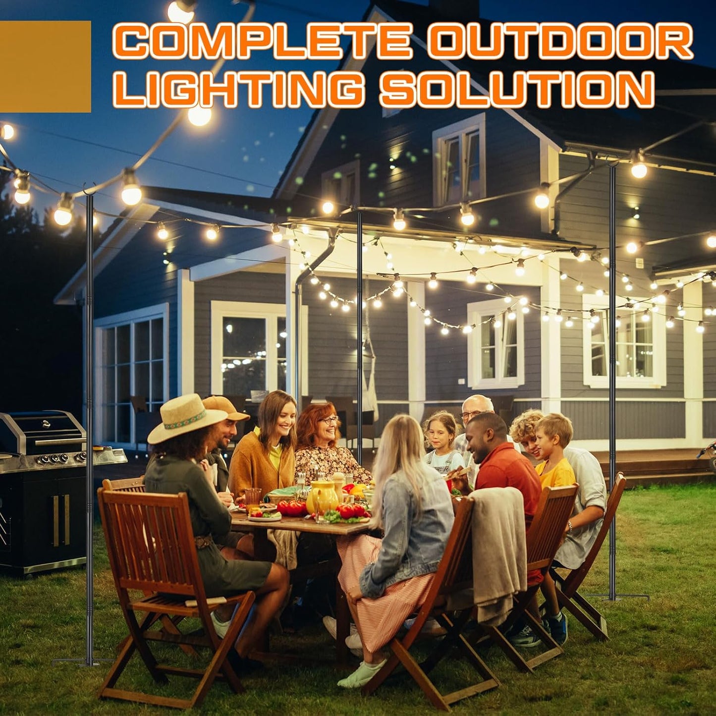 6 Set String Light Poles with Hooks, 9ft Metal Light Pole, Outdoor 2 in 1 Light Poles with Fork