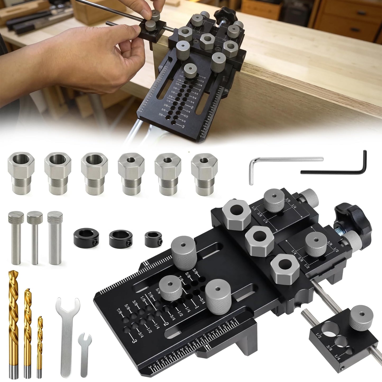 Dowel Jig Kit with Quick Positive Stop and Clamp, Precision Adjustable Doweling Jig for Drill 1/4, 3/8 and 1/2 Inch Accurate Straight Dowel Holes, fit Any Thickness Wood Joints, for Furniture, Cabinet Black