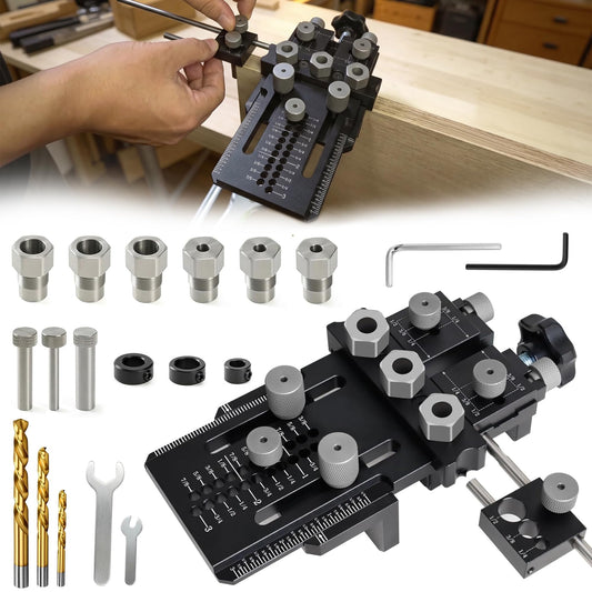 Dowel Jig Kit with Quick Positive Stop and Clamp, Precision Adjustable Doweling Jig for Drill 1/4, 3/8 and 1/2 Inch Accurate Straight Dowel Holes, fit Any Thickness Wood Joints, for Furniture, Cabinet Black