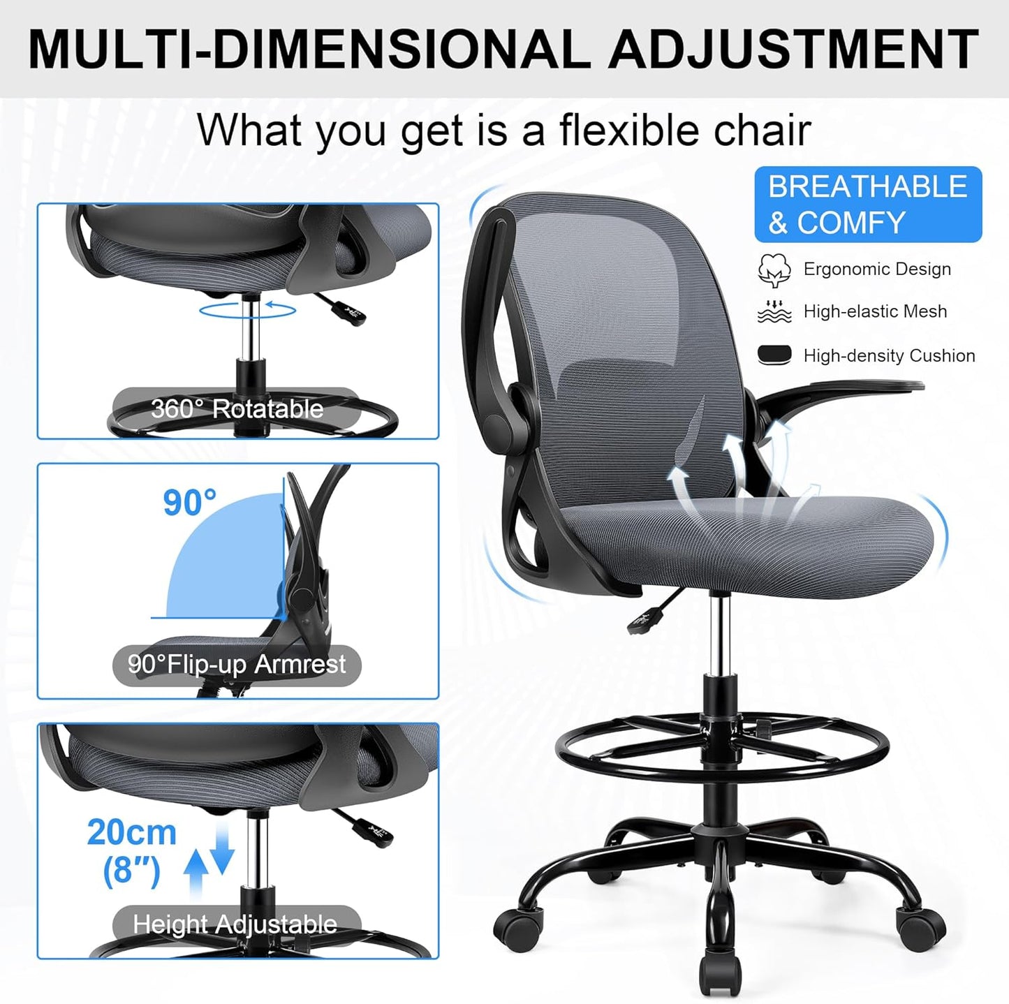 Drafting Chair Tall Office Chair with Flip-up Armrests, Adjustable Height