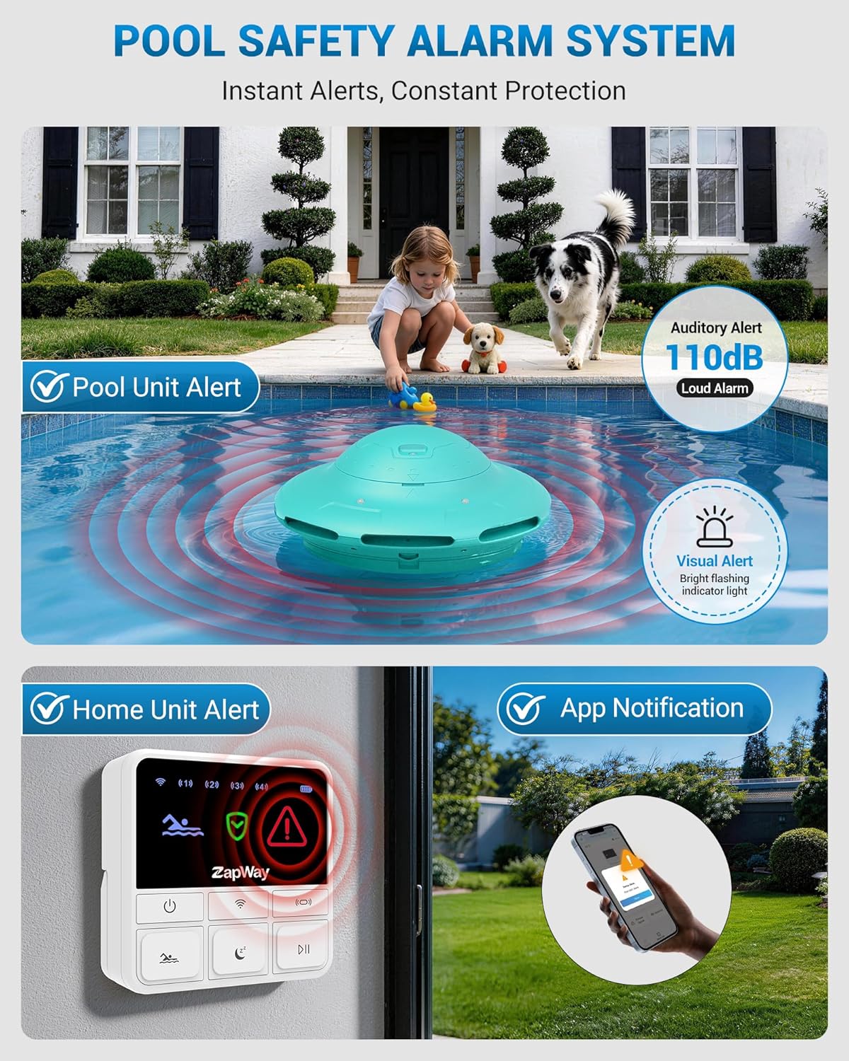 Pool Alarm with Home Receiver - 110dB Loud Floating Safety Pool Alarms with App Remote Control for Inground & Above Ground Pools, Extra Water Safety for Kids, Pets and Pool Owners, Green