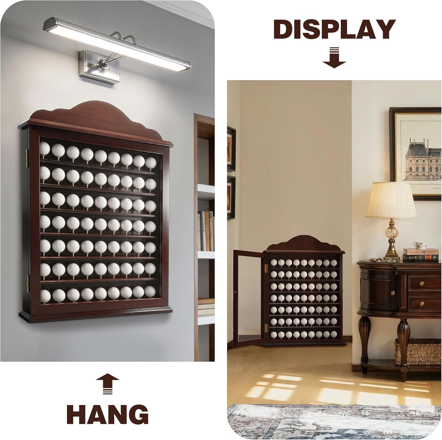 MR 63 Golf Ball Display Case, Executive Golf Ball Cabinet, Wall Mount Golf Ball Shadow Box with Wood Tees, Wall Rack Holder Solid Wood Frame with 98% UV Protection Lockable Acrylic Glass Door