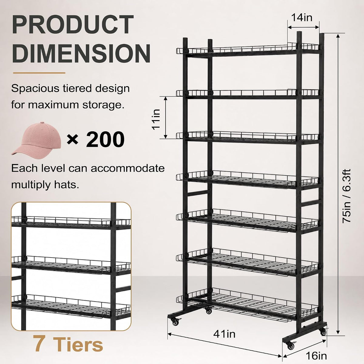 Hat Display Rack 7 Tier with Wheels, Metal Hat Rack Stand Up to 200 Caps