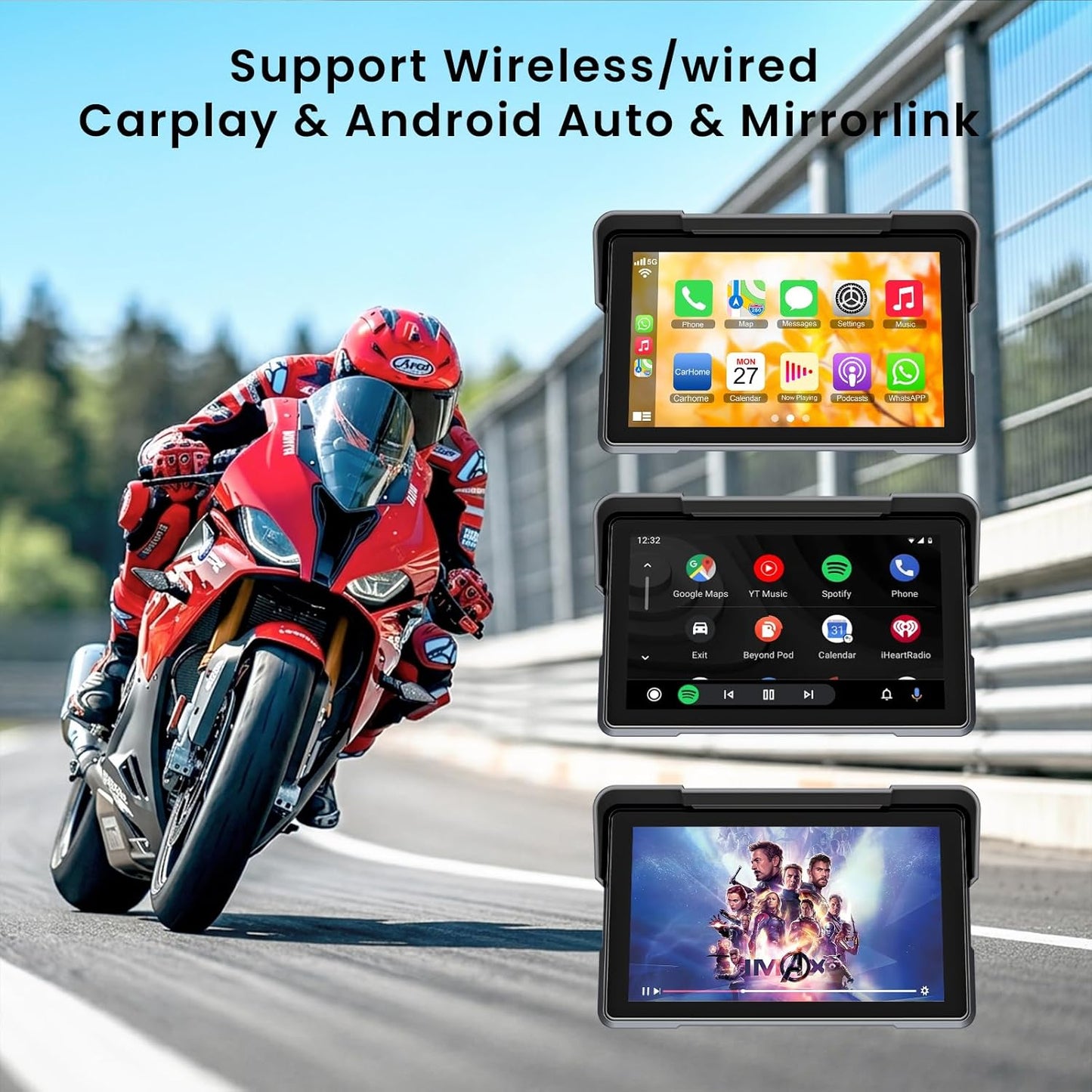7” Motorcycle CarPlay & Android Auto Display Portable Touch Screen, Support GPS Navigation Siri & Google Assistant, Bluetooth 5.2/ Voice Control/ IP67K Waterproof Anti-Glare Design