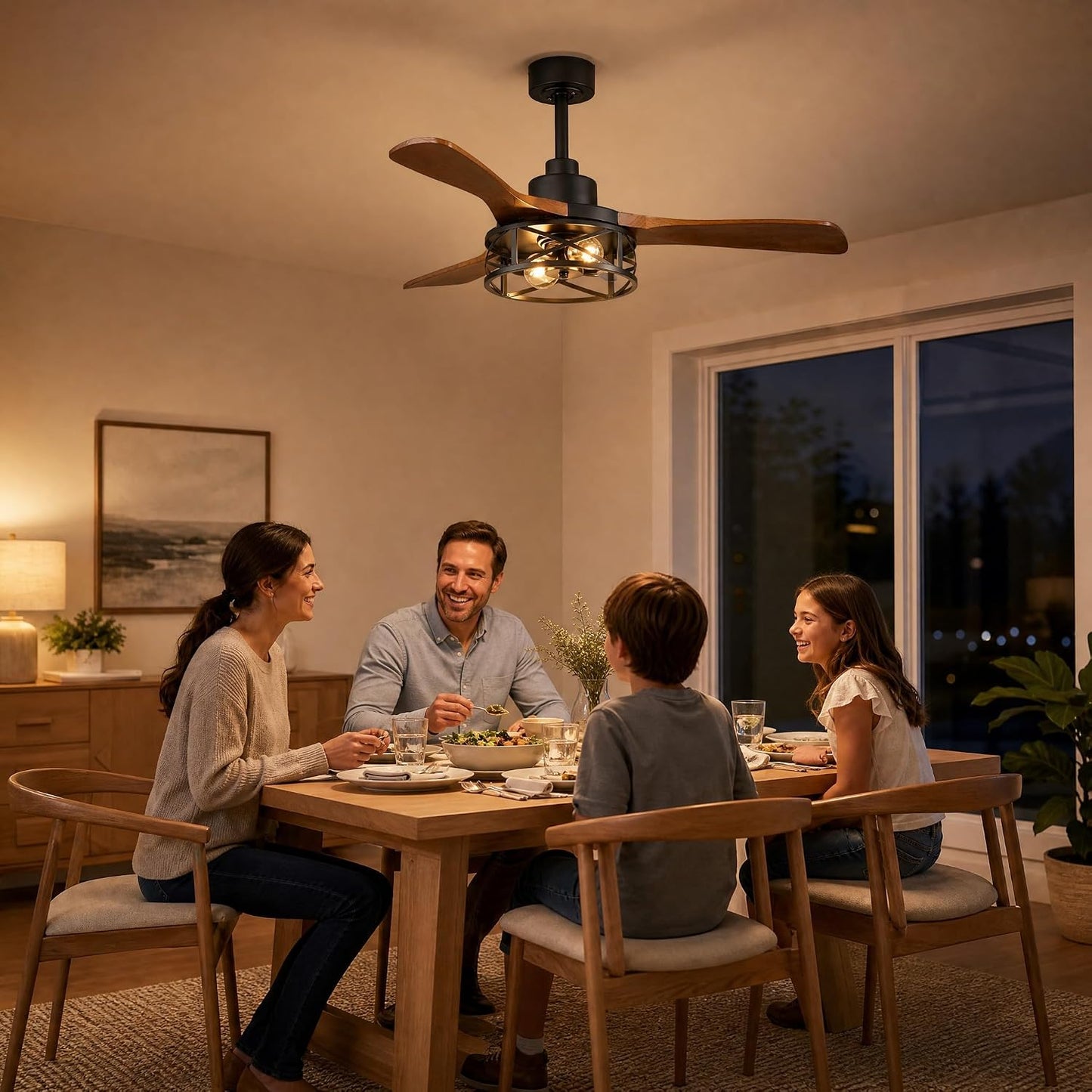 42 Inch Modern Farmhouse Ceiling Fan with Light, 3 Walnut Blade Industrial Cage Light, Quiet DC Motor, App & Remote, 4"+8" Downrods, Hard‑wired Indoor Fan for Bedroom & Living Room