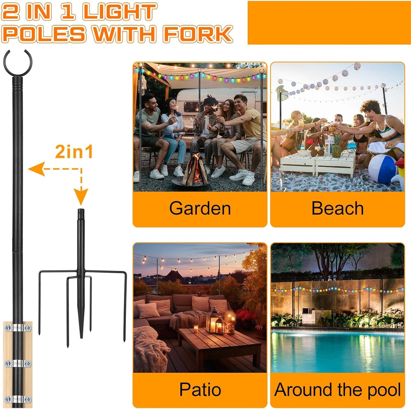6 Set String Light Poles with Hooks, 9ft Metal Light Pole, Outdoor 2 in 1 Light Poles with Fork