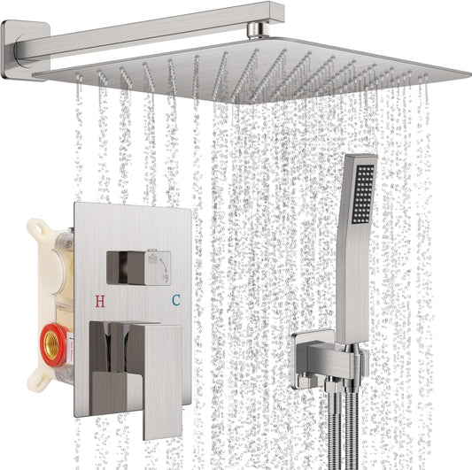 Baetuy 16 Inch Shower Faucet Set, Rainfall Shower System With full metal hand shower and square fixed shower Wall Mounted Shower Fixtures Brushed