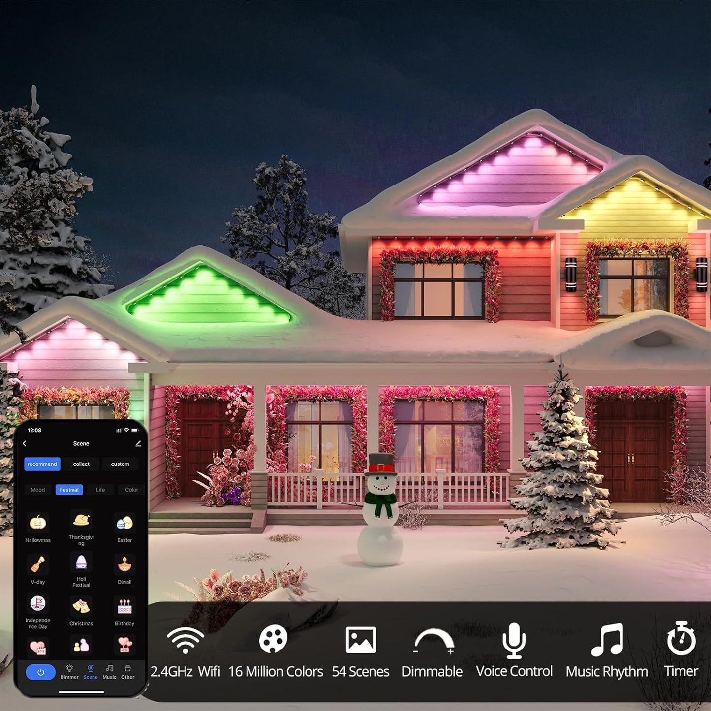 50FT Permanent Outdoor Lights, Smart RGB Color-Changing LED Eaves Lights, Waterproof Exterior Lights for House Trim, App Control, Perfect for Game